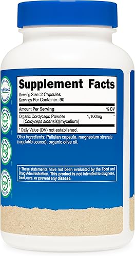 Miniatura 5 de Nutricost Cordyceps - Cápsulas de hongos de 1100 mg, 90 serv  Certificado CCOF fabricado con orgánico, sin gluten, 550 mg por cápsula (180 cápsulas)