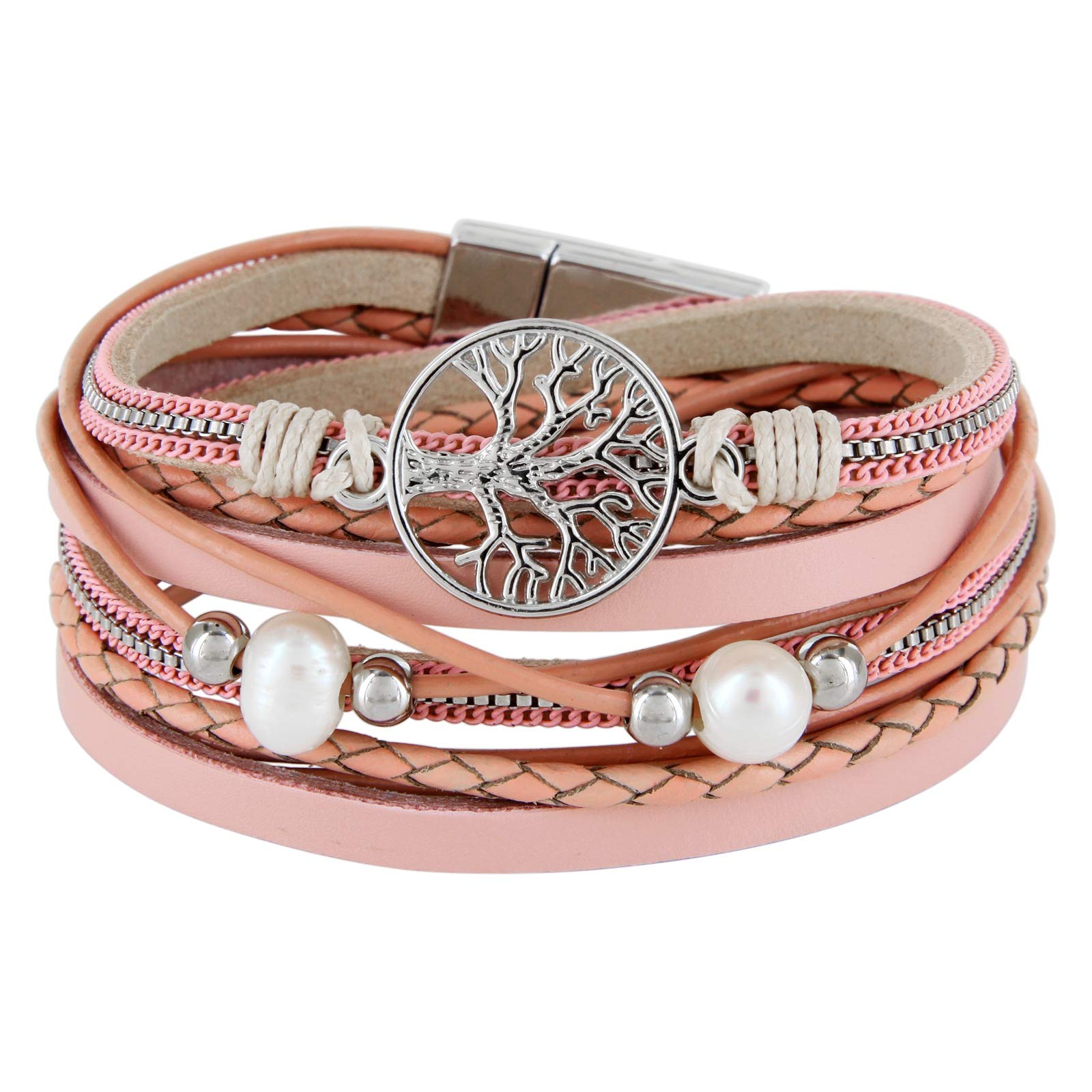 StarAppeal Armband Wickelarmband mit Perlen, Ketten, Flechtelement und Lebensbaum Anhänger, Magnetverschluss Silber, Damen Armband