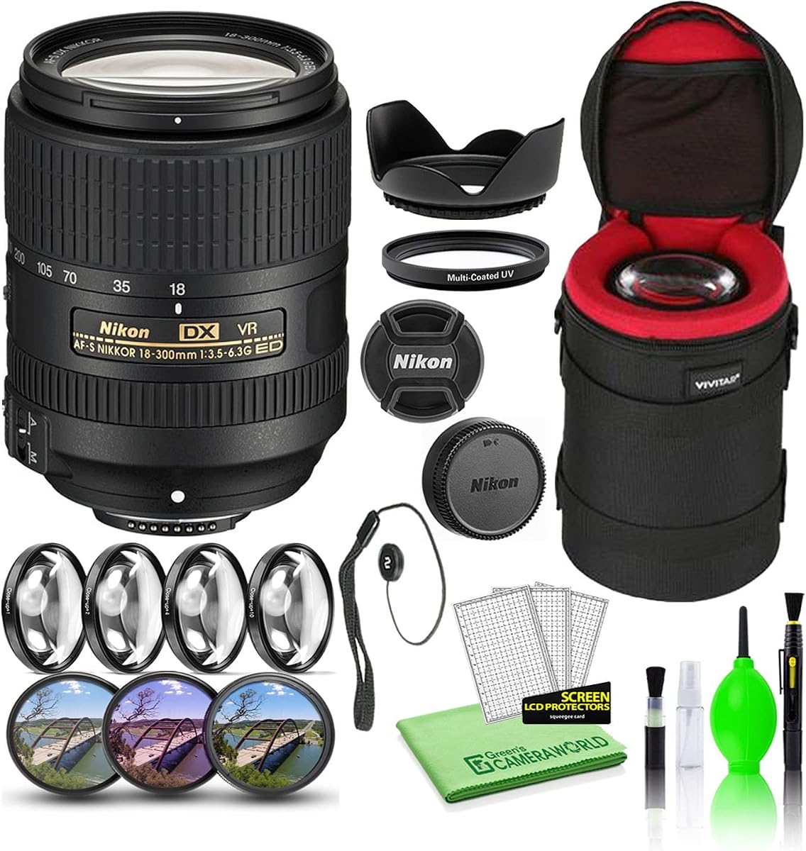 Nikon AF-S DX NIKKOR 18-300mm f/3.5-6.3G ED VR Lens (2216) Bundle Package with Padded Lens Case + Macro Filter Kit + UV, CPL, FL Lens Filters + Tulip Hood + Lens Cap Keeper + Cleaning Kit | For Photography & Video | Tulip Hood + Filter Kit + Cap Keeper + Case