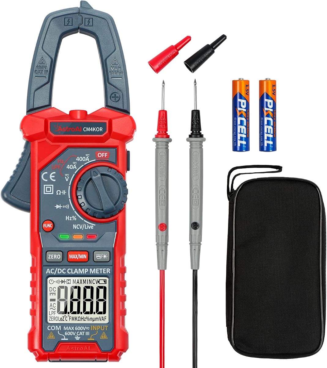 AstroAI Pinza amperimétrica digital Multímetro 4000 cuentas Probador de amperios de rango automático Medición de voltaje y corriente CA/CC, resistencia, capacitancia, frecuencia, continuidad, prueba de cable vivo, detección NCV, azul