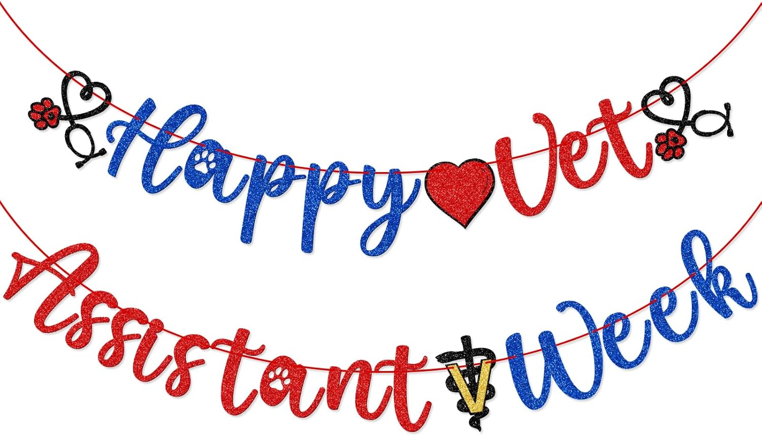 Firefairy Happy Vet Assistant Week Banner, Pre-strung Vet Assistant Week Party Decor, Vet Assistant Appreciation Banner, Vet Assistant Party Banner for Vet Hospital Office, Blue and Red Glitter