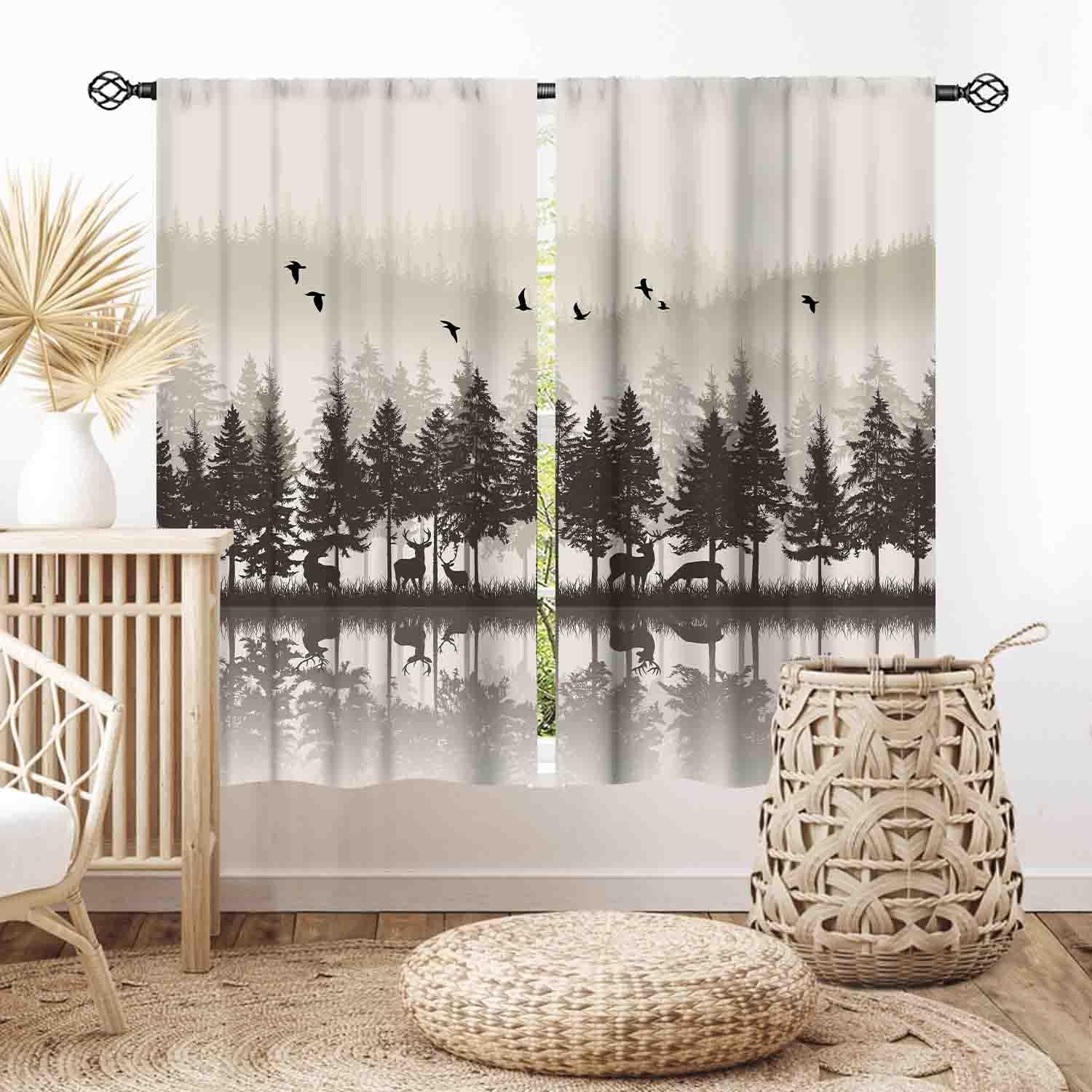 Farmhouse Deer Curtains, Retro Rustic Forest Lake Pine Tree Silhouette Country Lodge Cabin Cottage Vintage Blackout Window Drapery Treatments for Kitchen Bedroom Living Room Bathroom, 84"x63" Inch