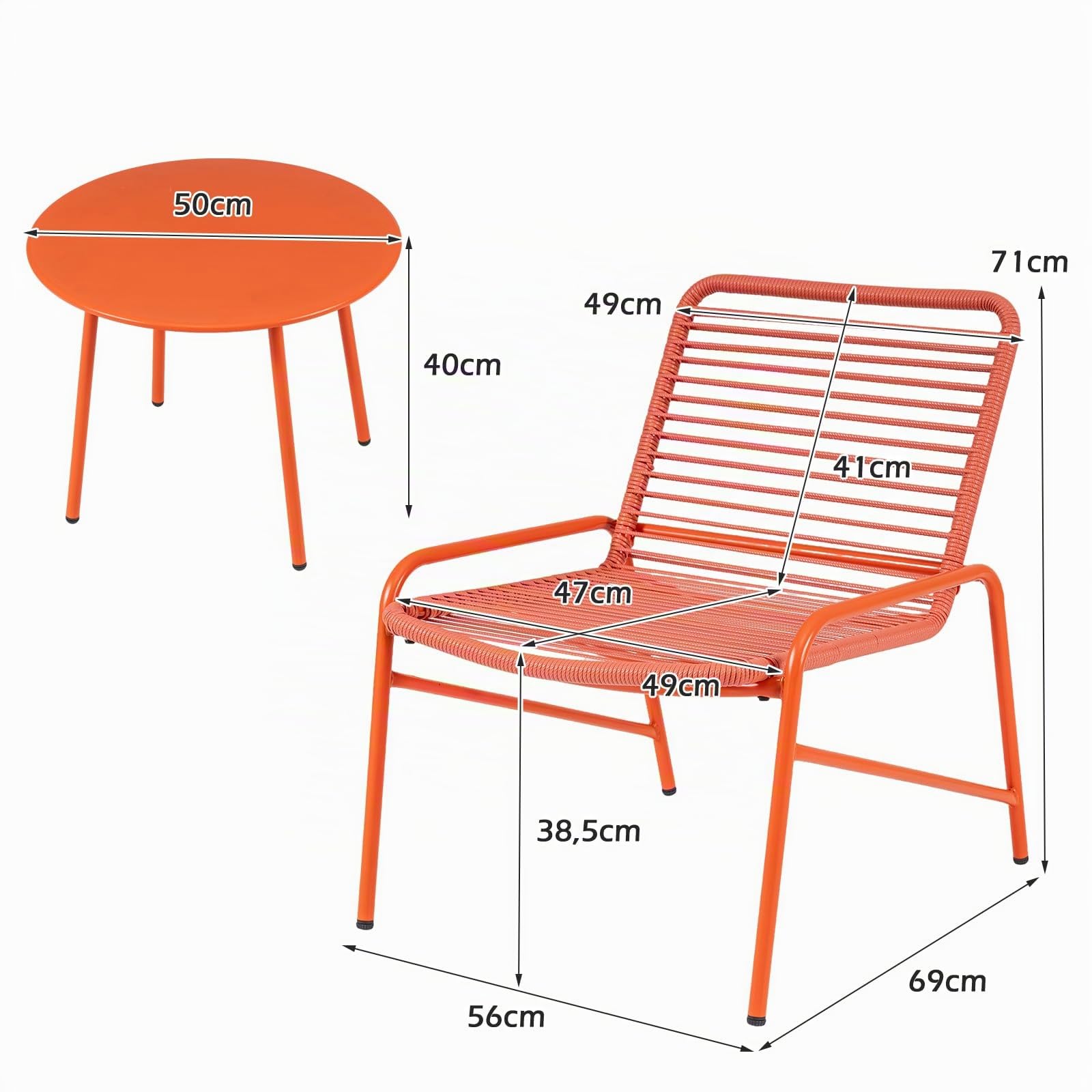 LIFEZEAL Tavolo e Sedie da Esterno 3 Pezzi in Rattan PE e Metallo, Set Bistrò da Balcone con 1 Tavolino e 2 Poltrone, Salotto da Giardino per Balcone, Terrazzo (Tavolo rotondo | Sedia arancione)