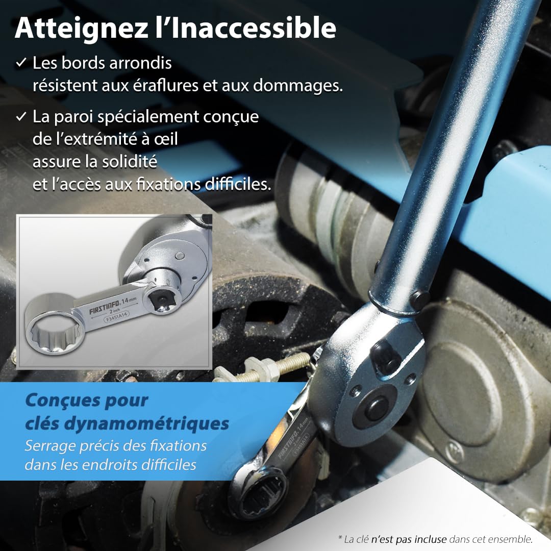 FIRSTINFO Jeu d'Adaptateurs de Couple 3/8 Pouce, 10 Pièces Métriques 10-19 mm, Clés à Œil 12 Pans en Acier Chrome-Vanadium avec Coffret EVA F3451A