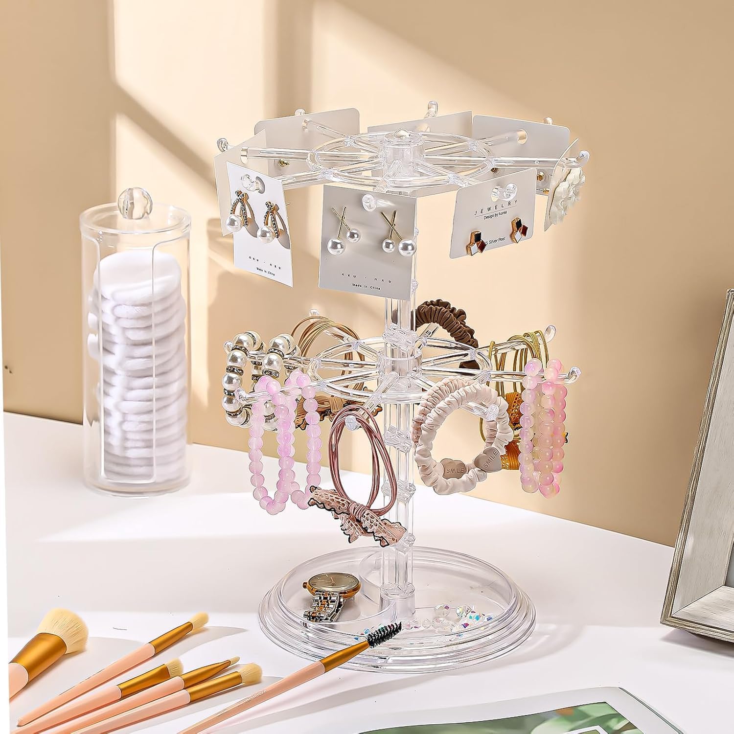 Rotating Jewelry Stand, 2 Tier Necklace Holder Bracelet Hanging Organizer Keychain Jewelry Display Stand Plastic Jewelry Rack for Malls Counter Dressing Table (Clear)
