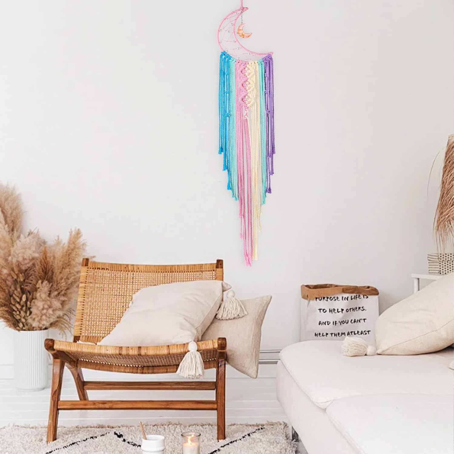 Moon Dream Catcher Decoration, Woven Dream Catcher with Tassel Colorful Moon Dream Wall Hanging Decoration Dream Catcher Wall Hanging for Baby Girl Bedroom Home Decoration (Moon)