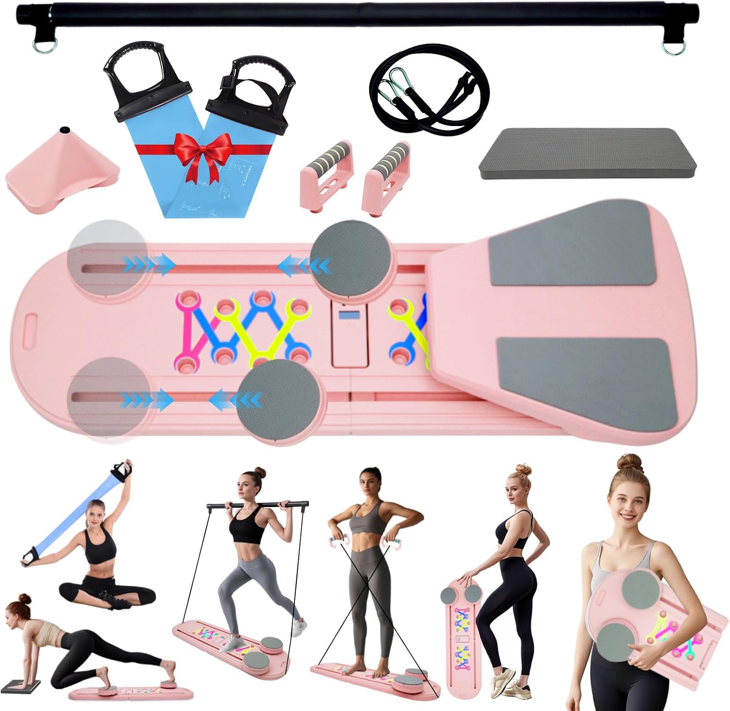 Pilates Reformer Board Set for Home Workout, Multifunctional Portable Foldable Pilates Board for Small Spaces, Extra Complimentary Tension Straps, Full Body Workout for Women/Men