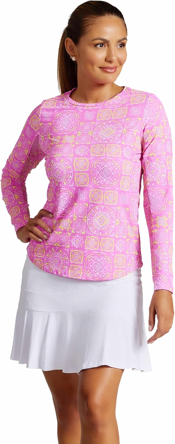 IBKUL Athleisure Wear Sun Protective UPF 50+ Icefil Cooling Colette Print Long Sleeve Crew Neck 12090