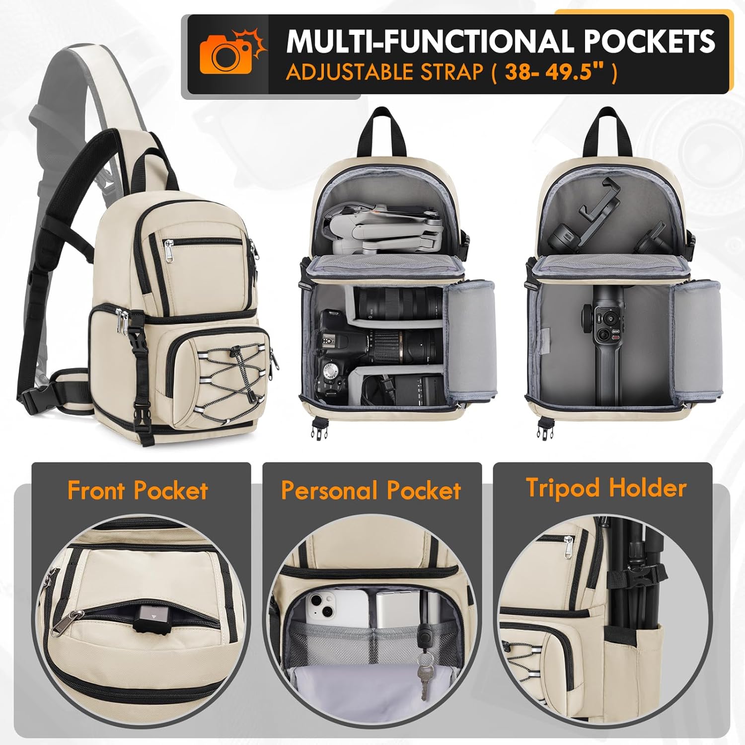 RAINSMORE Camera Bag, DSLR & Mirrorless Camera Sling Bag for Photographers Waterproof Small Camera Crossbody Case with Removable Padded Insert & Tripod Holder for Canon/Nikon/Sony/Fuji, Beige