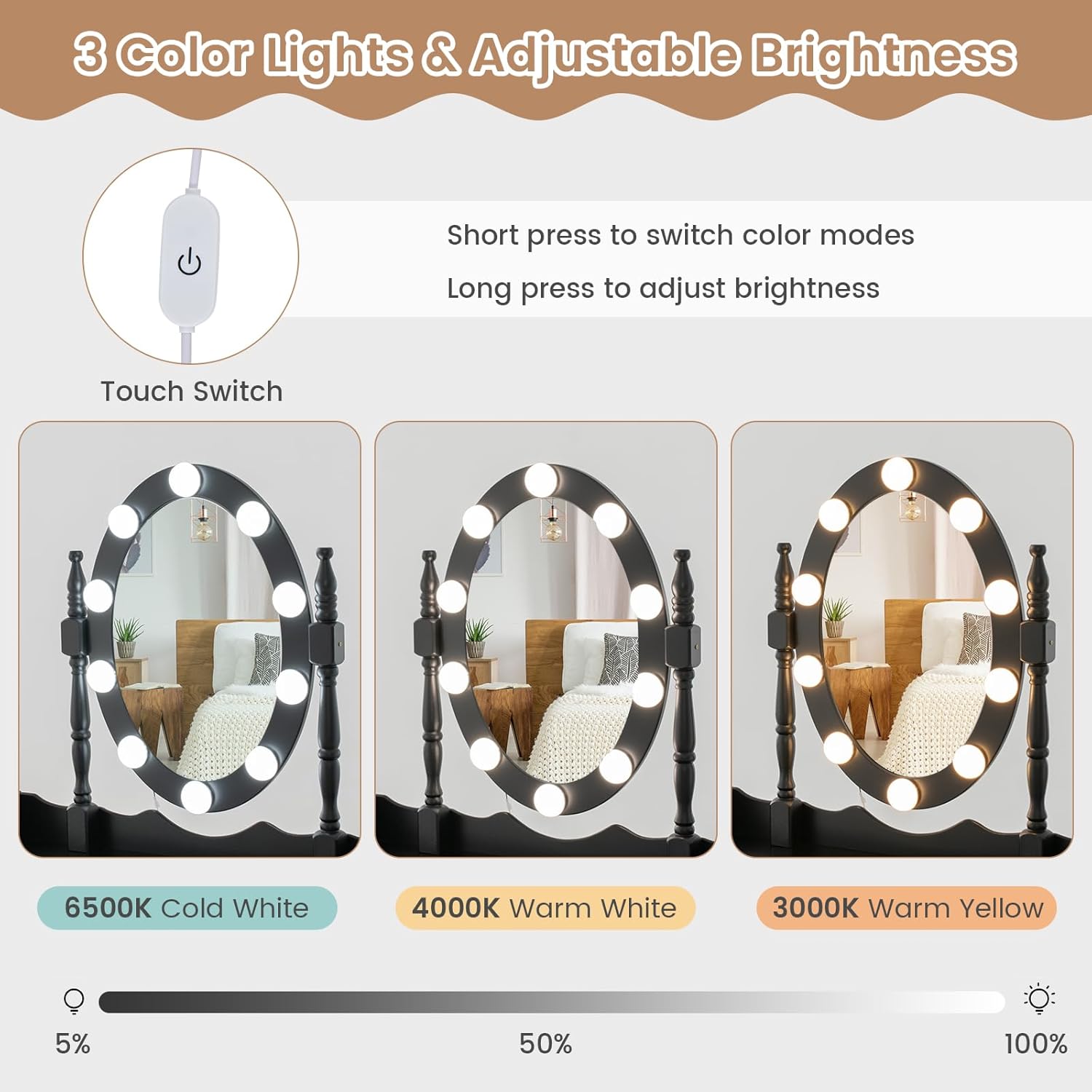 GOFLAME Vanity Table Set with Rotatable Mirror, Makeup Vanity Desk with 3-Color Dimmable LED Lights, 3 Drawers and Cushioned Stool, Dressing Table Set for Bedroom Studio (Black)