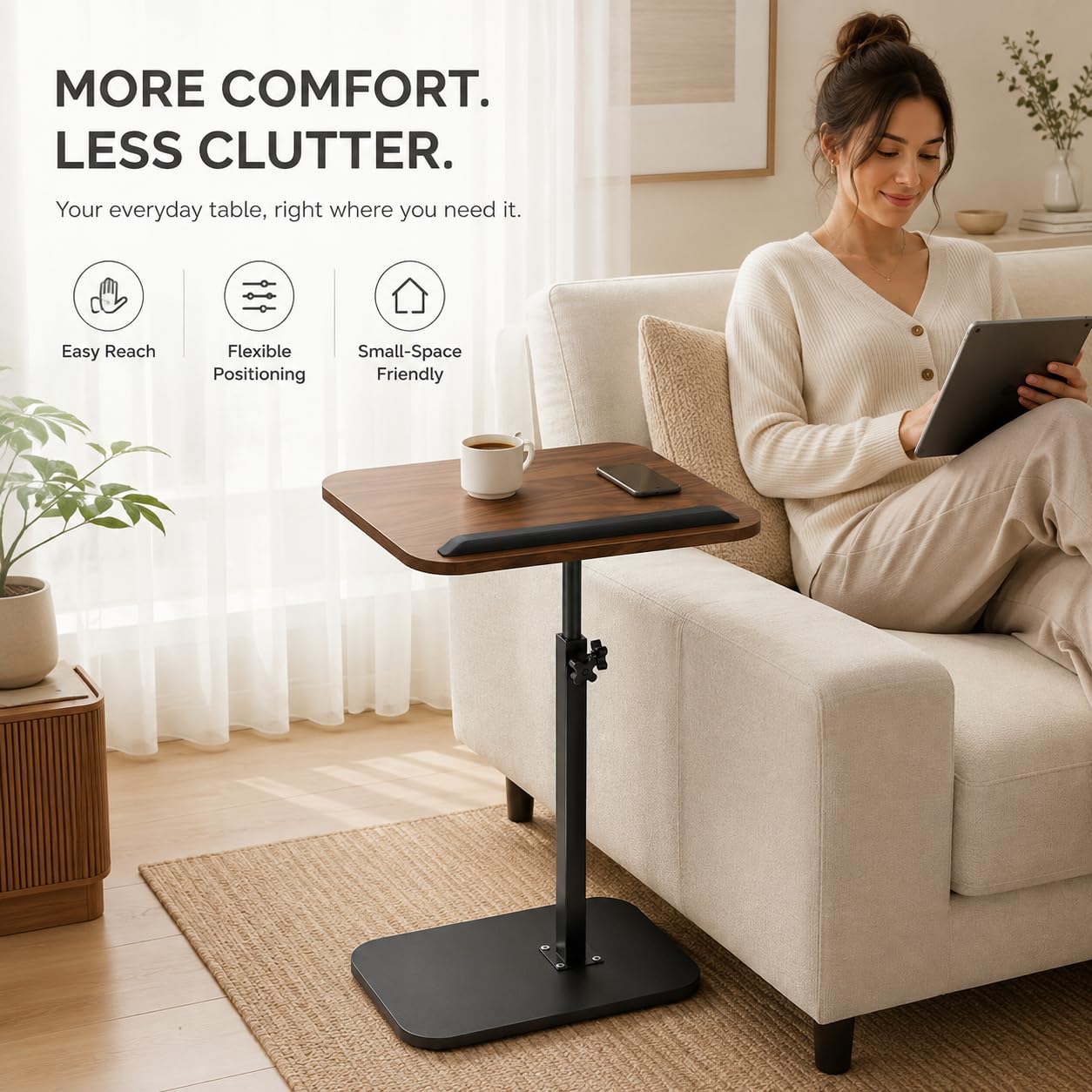Tavolini a Forma Di C, Tavolino Salotto Moderno Regolabile in Altezza, Girevole a 360° Comodino, Con Slot per Telefono e Tablet per Divano, Letto, Soggiorno (Noce)