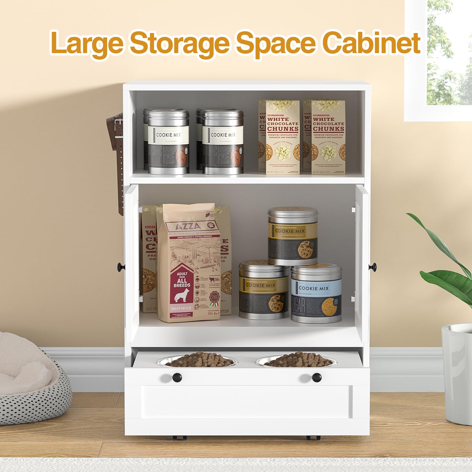 Meuble de Rangement pour Animaux de Compagnie avec 2 Gamelles en Acier Inoxydable, Armoire d’Alimentation 2 en 1 avec Grand Espace et Dispositif Antidumping, 60 x 35 x 82 cm