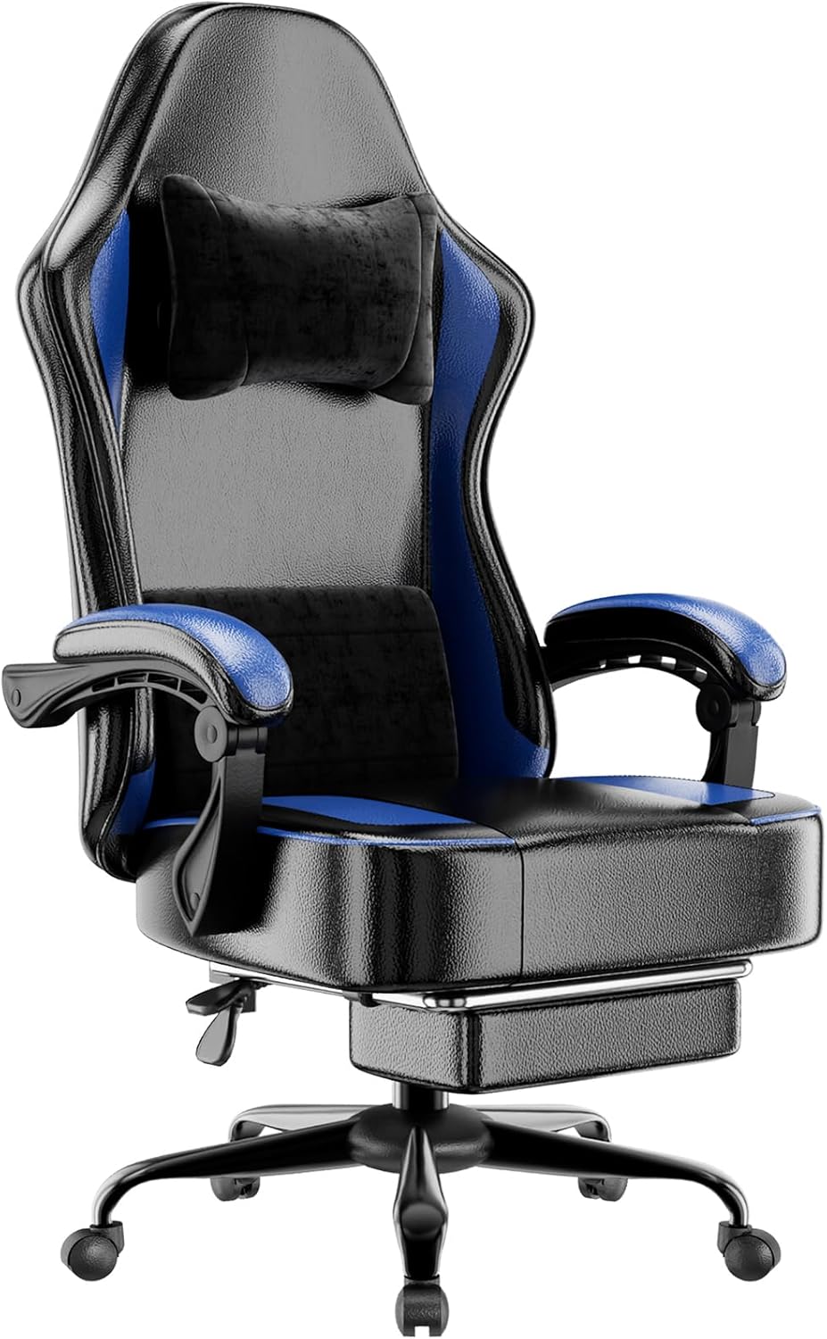 Gaming Chair with Pocket Spring Cushion and Footrest, Ergonomic Computer Chair for Adults, Breathable PU Leather Game Chair, Adjustable Headrest and Lumbar Support Office Desk Chair, Blue