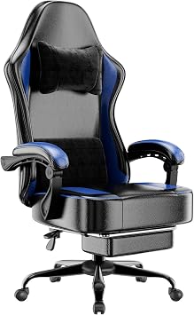 Ergonomic Gaming Chair, Video Game Chair with Pocket Spring Cushion and Footrest, Height Adjustable Computer Chair with Swivel Seat and Headrest Blue