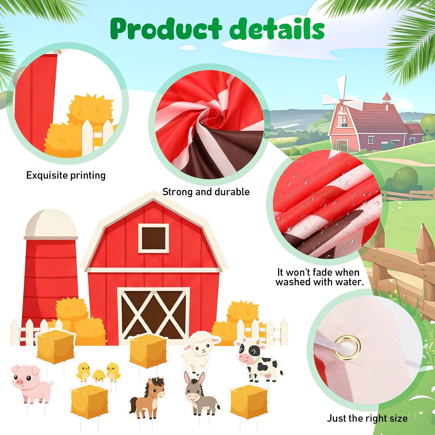 Kathfly Farm Birthday Decorations 13 Pcs Large Farm Animal Party Supplies with 59x34 Inch Farmhouse Backdrop, Barnyard Yard Signs Photo Booth Props for Birthday, Baby Shower, Farmhouse Party Decor