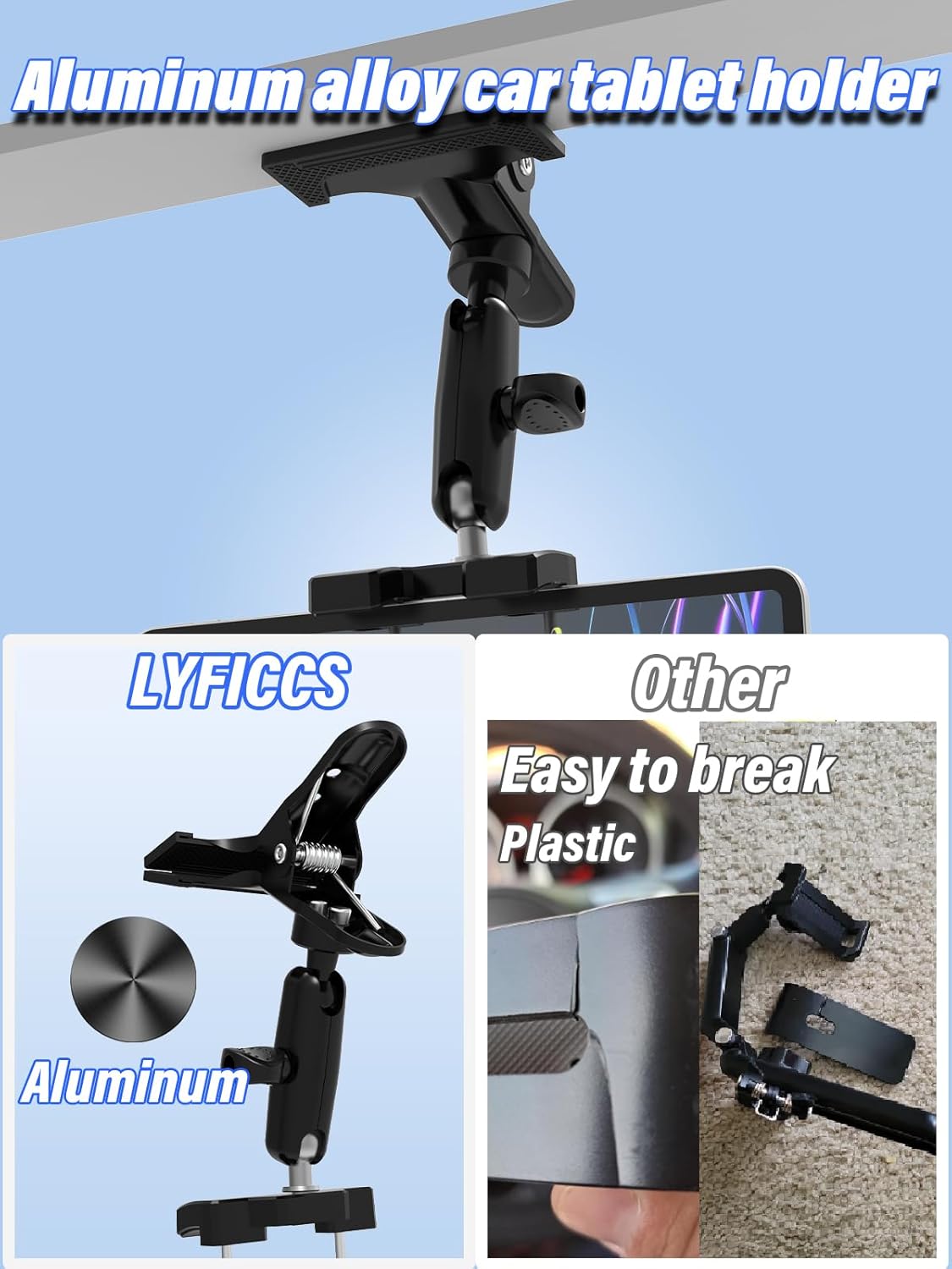 Car Tablet Holder for Sun Visor, 720° Rotatable Metal Tablet Mount Fit for 4-12.9" iPad & iPhone, Phone Visor Clip with 1/4'' Screw Compatible Cellphone, Galaxy Tab, Fire HD, Gopro, Camera