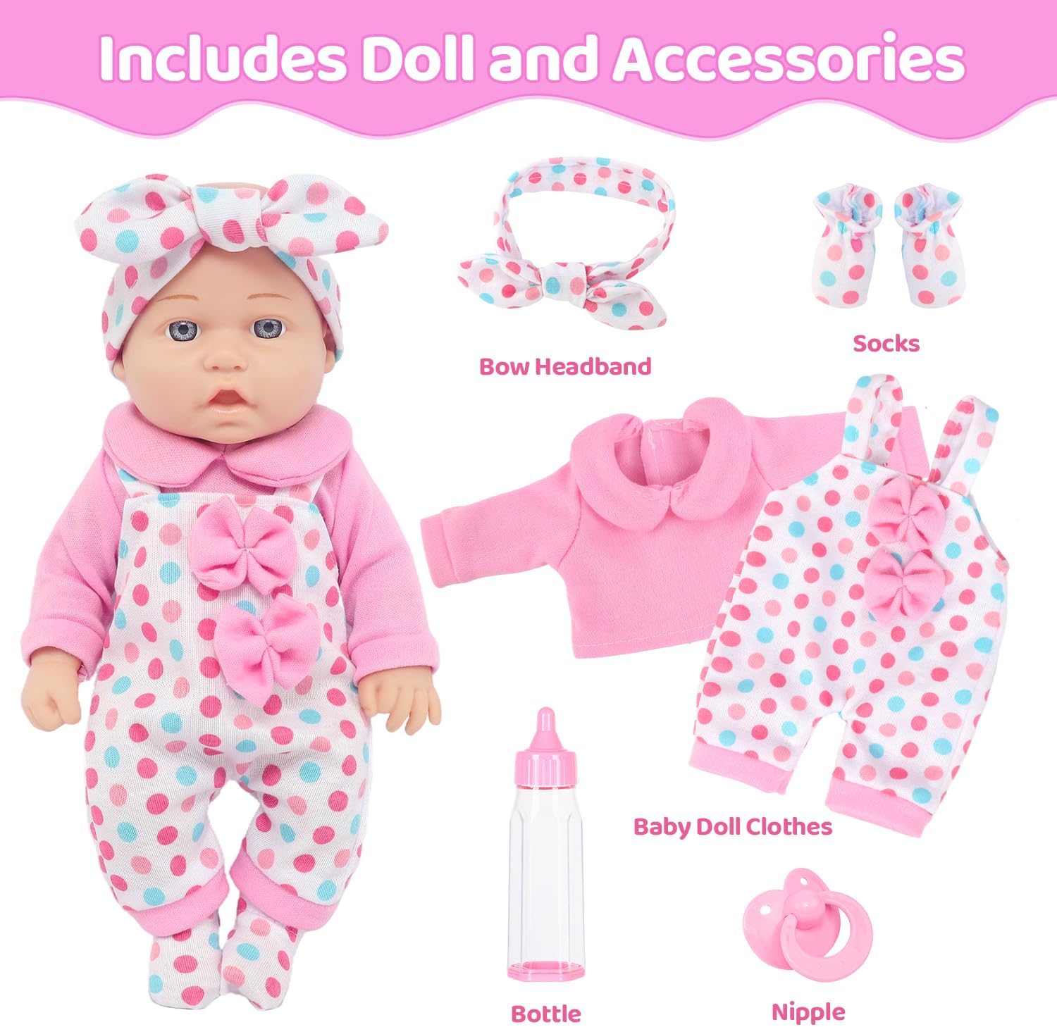 UNICORN ELEMENT 12 Inch Baby Dolls with Clothes Accessories Playset, 7 Set 12 Inch Baby Doll Bottle Pacifier Pretend Game for 3+ Years Old Girls Gifts in Box