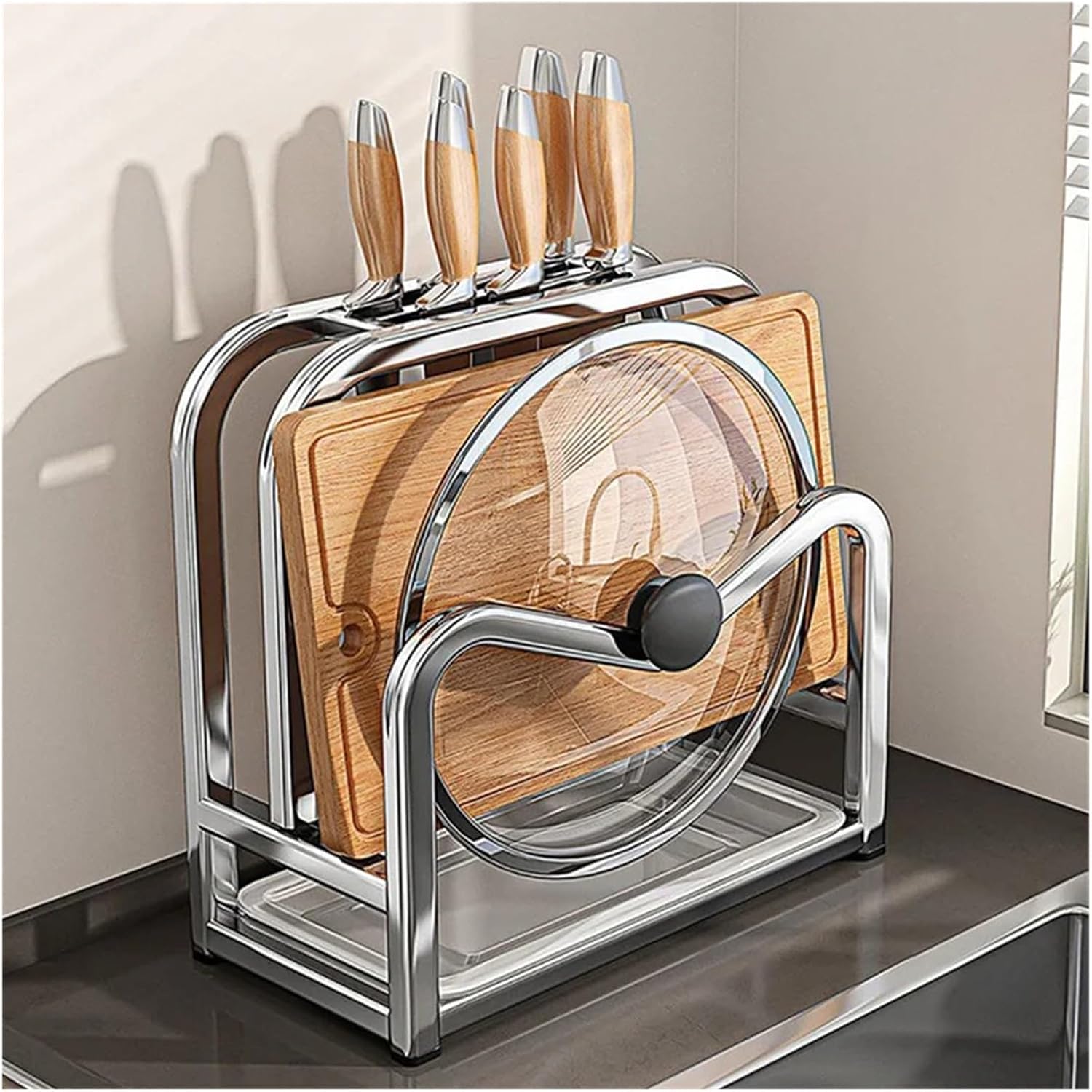 1pc Stainless Steel Knife Holder Kitchen Pot Lid Storage Rack Cutting Board Shelf Household Draining Kitchens Accessories(Dark Gray)