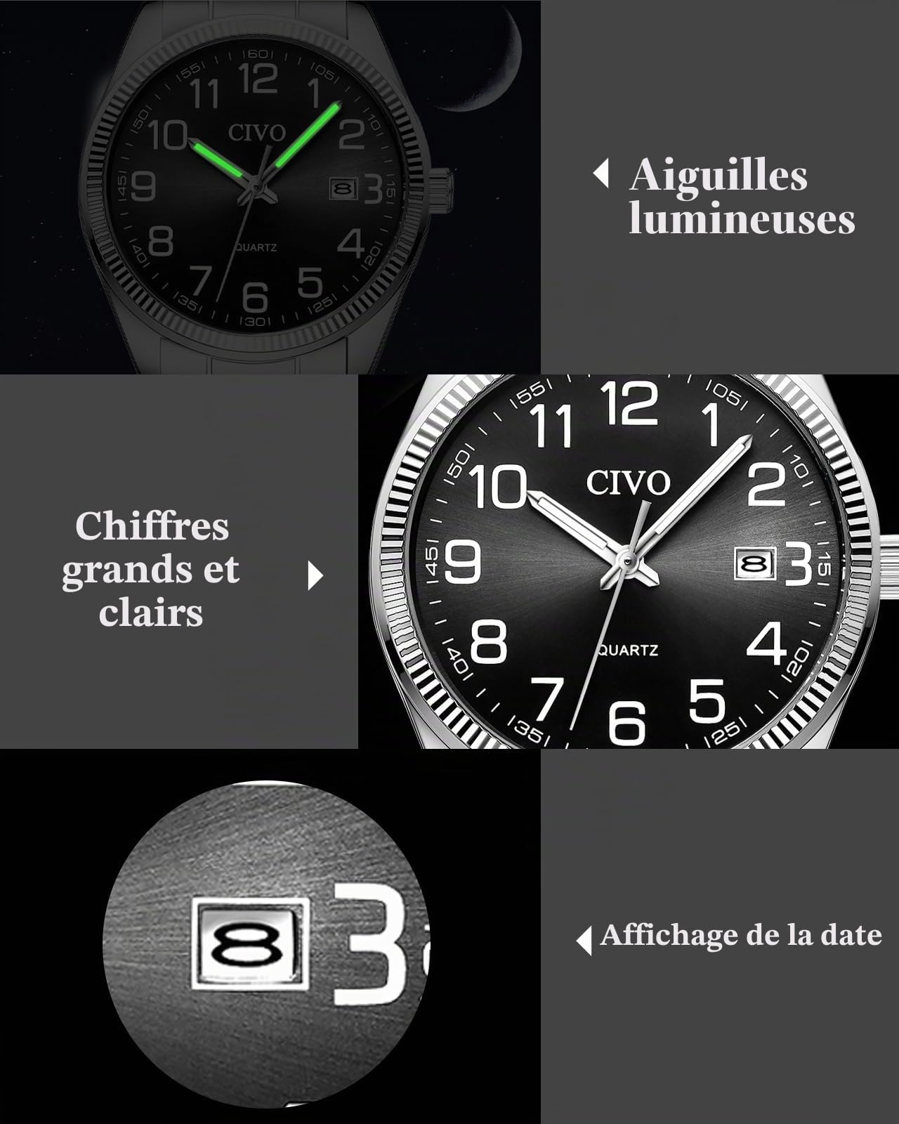 CIVO Lecture Facile Montre Homme: Acier Argent Analogique Quartz Montre Bracelet Etanche Date Lumineuses - Grands Nombres pour Personnes Âgées Ayant Une Mauvaise Vue