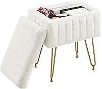 DUMOS Faux Fur Vanity Stool with Hidden 10L Storage - Cute Modern Ottoman Footrest, Soft Seat on Adjustable Metal Legs for Bedroom & Dorm