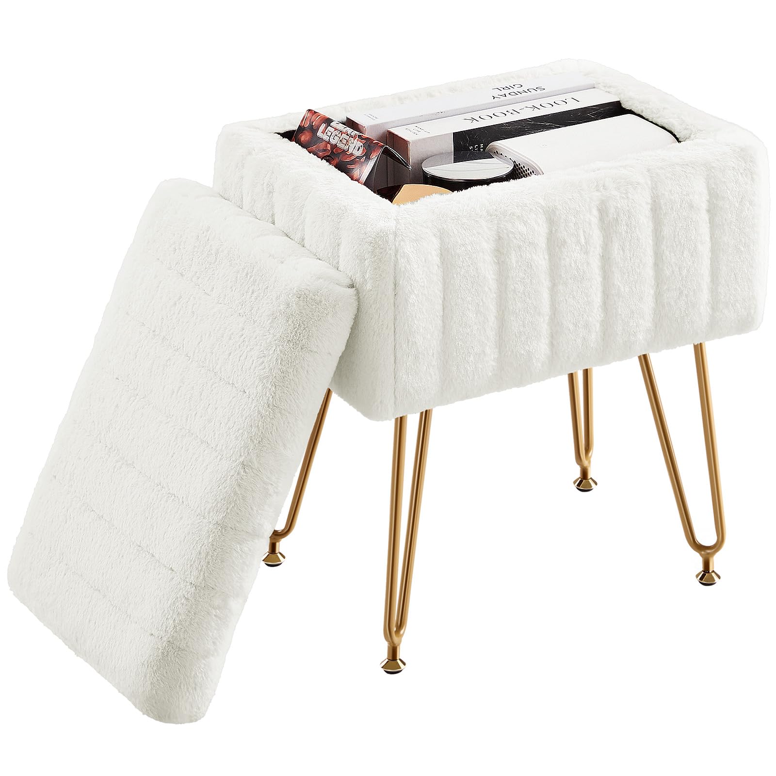 DUMOS Vanity Stool Chair Ottoman with Storage, Makeup Cute Soft Small Footstool Modern Style Faux Fur Seat with 4 Metal Legs & Adjustable Feet for