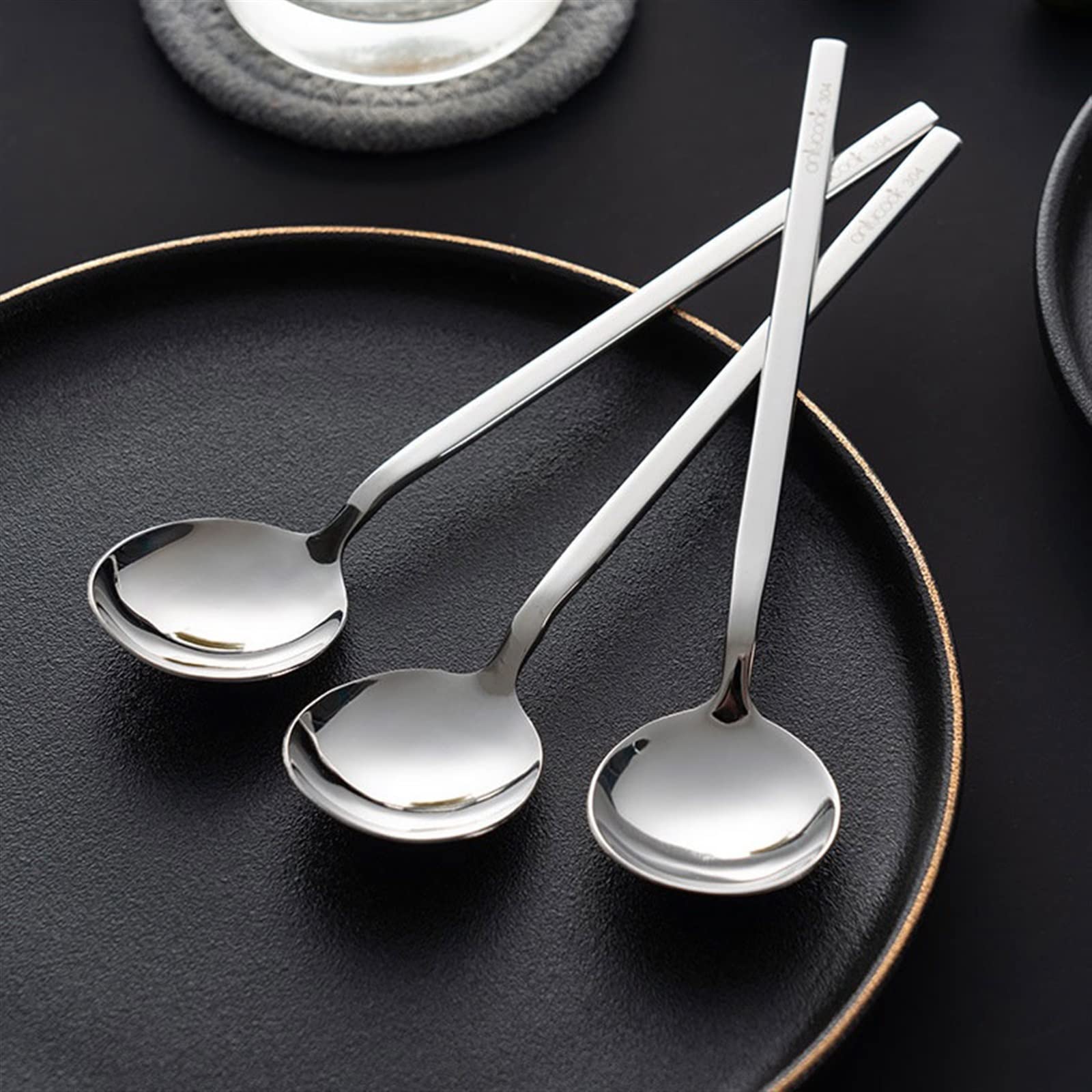 Suppenlöffel, Haushaltslöffel aus 304 Edelstahl, Langer Griff, Suppenlöffel, Geschirr, Rührlöffel for Reis, Kaffeegetränke, Rührlöffel, Esslöffel(6 Pieces)