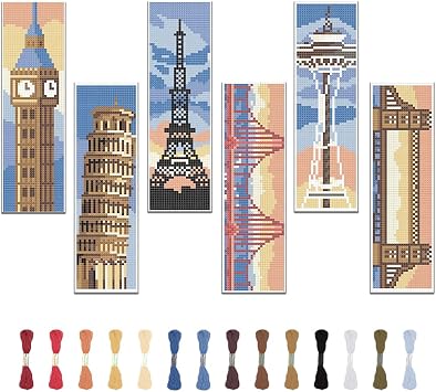 FREEBLOSS 6 Set Cross Stitch Kits with Instructions - Famous Architecture Patterns - Punch Needle Kit for Beginners - Gift Bookmarks