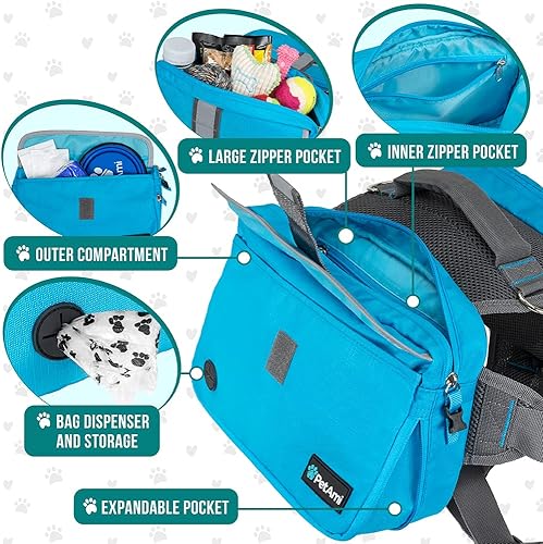 Miniatura 3 de PetAmi Mochila para perros medianos y grandes, bolsa de sillín para perros para llevar, arnés con bolsillos laterales de seguridad reflectantes para