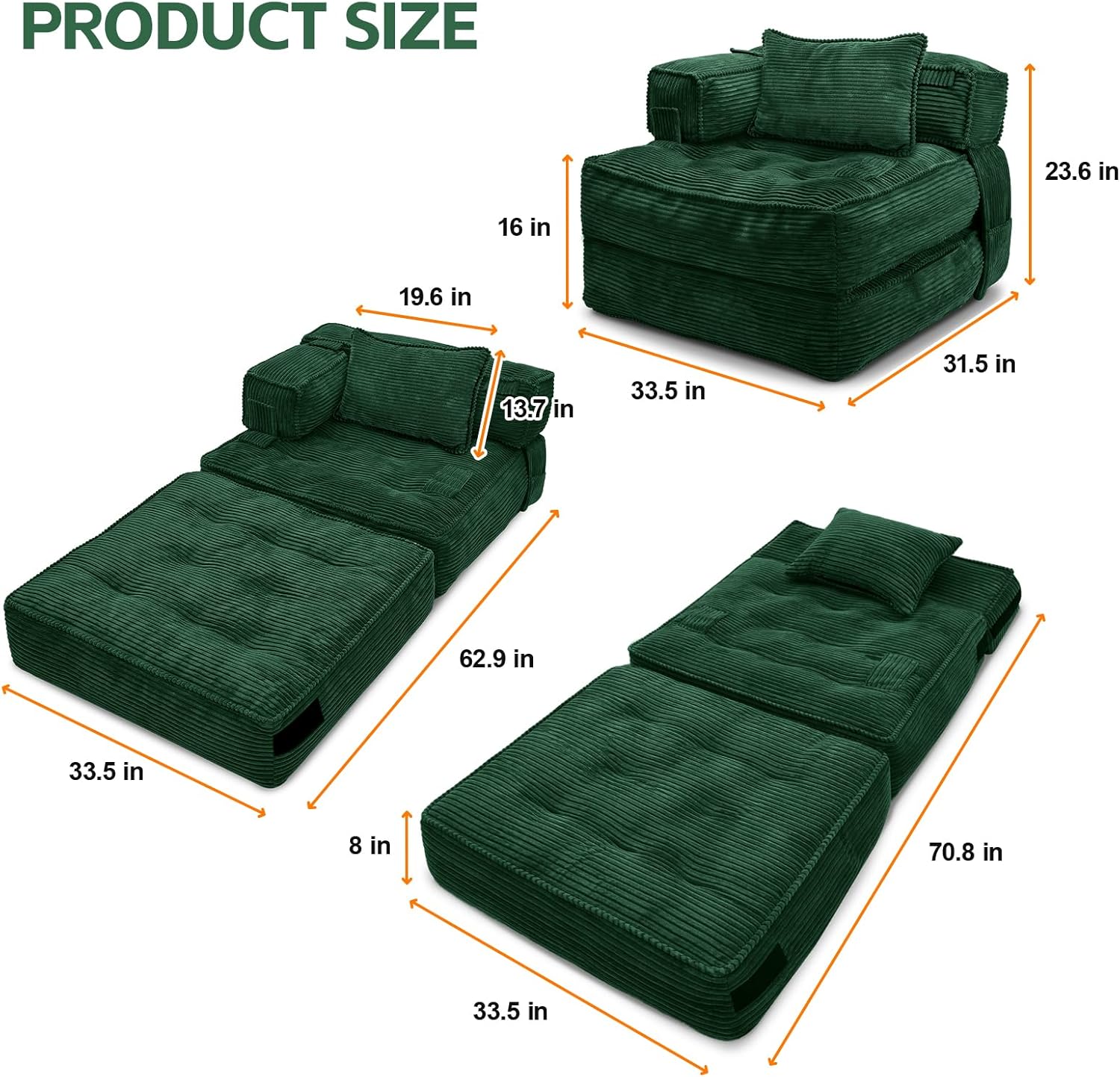 Folding Sofa Bed Chair with Armrests, Convertible Futon Couch Sleeper Chair for Adults, Fold Out Boneless Chair Bed, Foldable Sofa Lounge for Small Spaces, with Pillow, Green