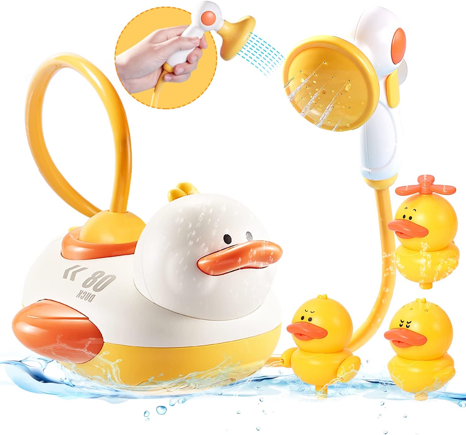 Baby Bath Toys Automatic Water Spray Bath Toy with 3PCS Different Spraying Duck and 1PCS Duck Shower Head for Bath Floating Bathtub Toys for Toddler Kids 18 Months Bath Toys with Sucker Stick to Tub