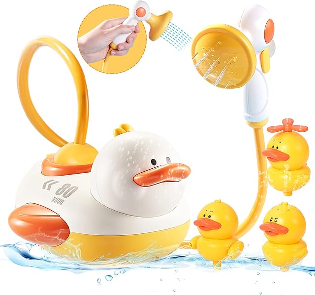 Sotodik Bath Toys Automatic Water Spray Bath Toy with 3PCS Different Spraying Duck and 1PCS Duck Shower Head for Bath Floating Bathtub toys with Sucker for Toddler Kids