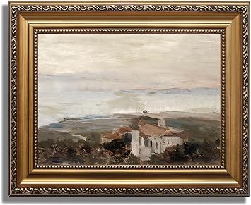KBKBART Vintage Framed Wall Art for Living Room, Retro Muted European Coastal Prints Painting, Neutral Warm Tone Landscape Art Wall Decor, Gold Framed Oil Painting Canvas Artwork for Farmhouse Wall Decor, 9x12