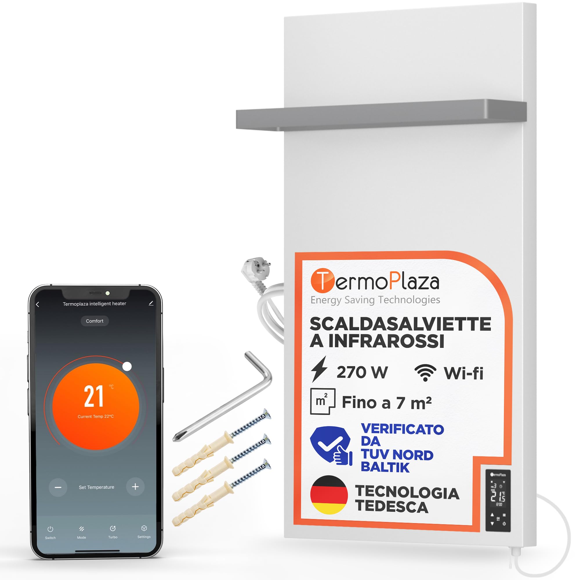 Termoplaza Scaldasalviette Elettrico WiFi Bagno Infrarossi 270 W fino a 7 m² - Pannello Radiante Infrarossi - Termoarredo Elettrico Bagno Basso Consumo - Termosifone Bianco Moderno Verticale