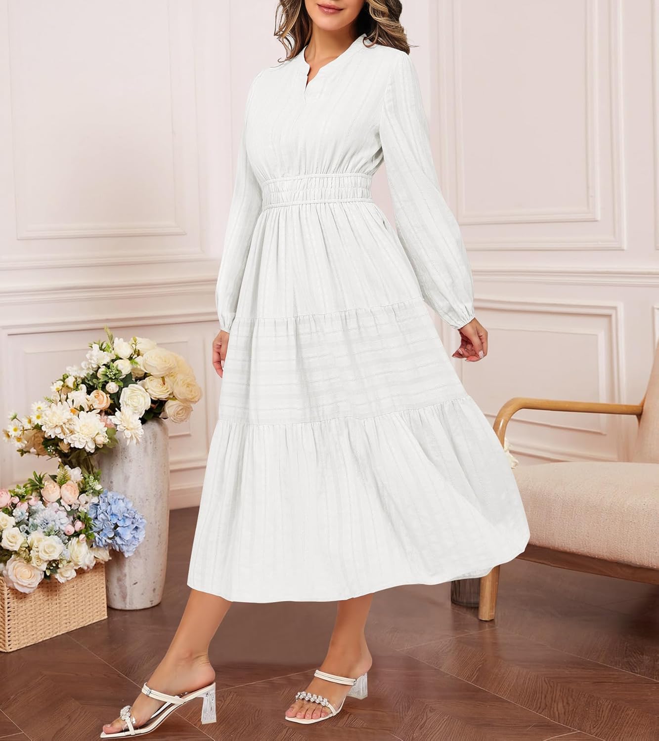 Fall Dresses for Women Long Sleeve Elastic Waist Soft Maxi Wedding Guest V Neck Dress with Pockets 2025 Casual White Small - Image 5