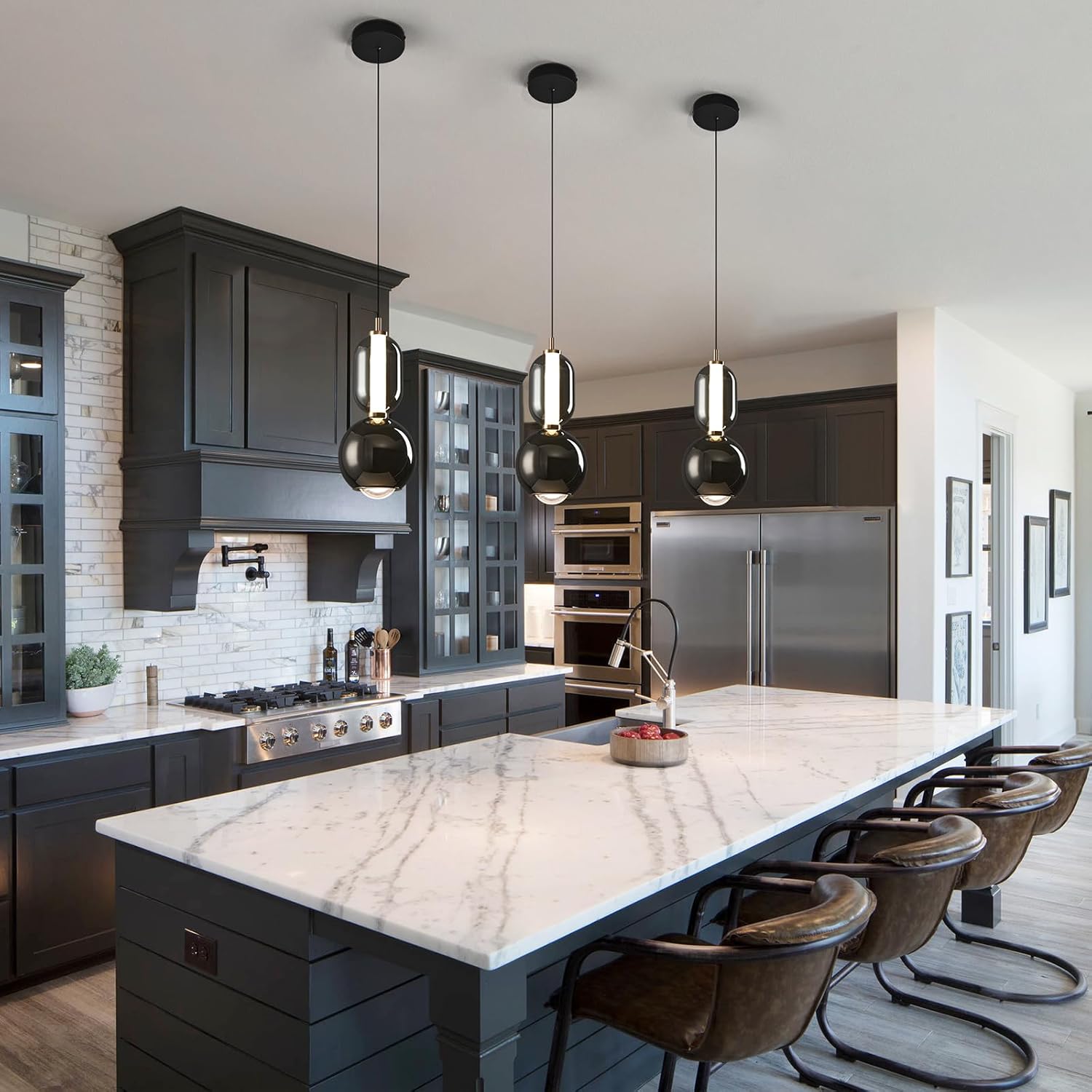 Modern Glass Pendant Light, Black Pendant Lighting LED Dimmable, Adjustable Pendant Lights Kitchen Island Dinning Room,Bedroom,Bar, Kitchen Island Ceiling Hanging Light Fixtures(1-Pack)