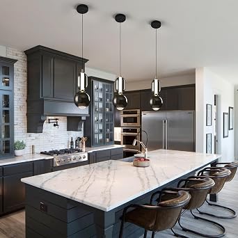 Modern Glass Pendant Light, Black Pendant Lighting LED Dimmable, Adjustable Pendant Lights Kitchen Island Dinning Room,Bedroom,Bar, Kitchen Island Ceiling Hanging Light Fixtures(1-Pack)
