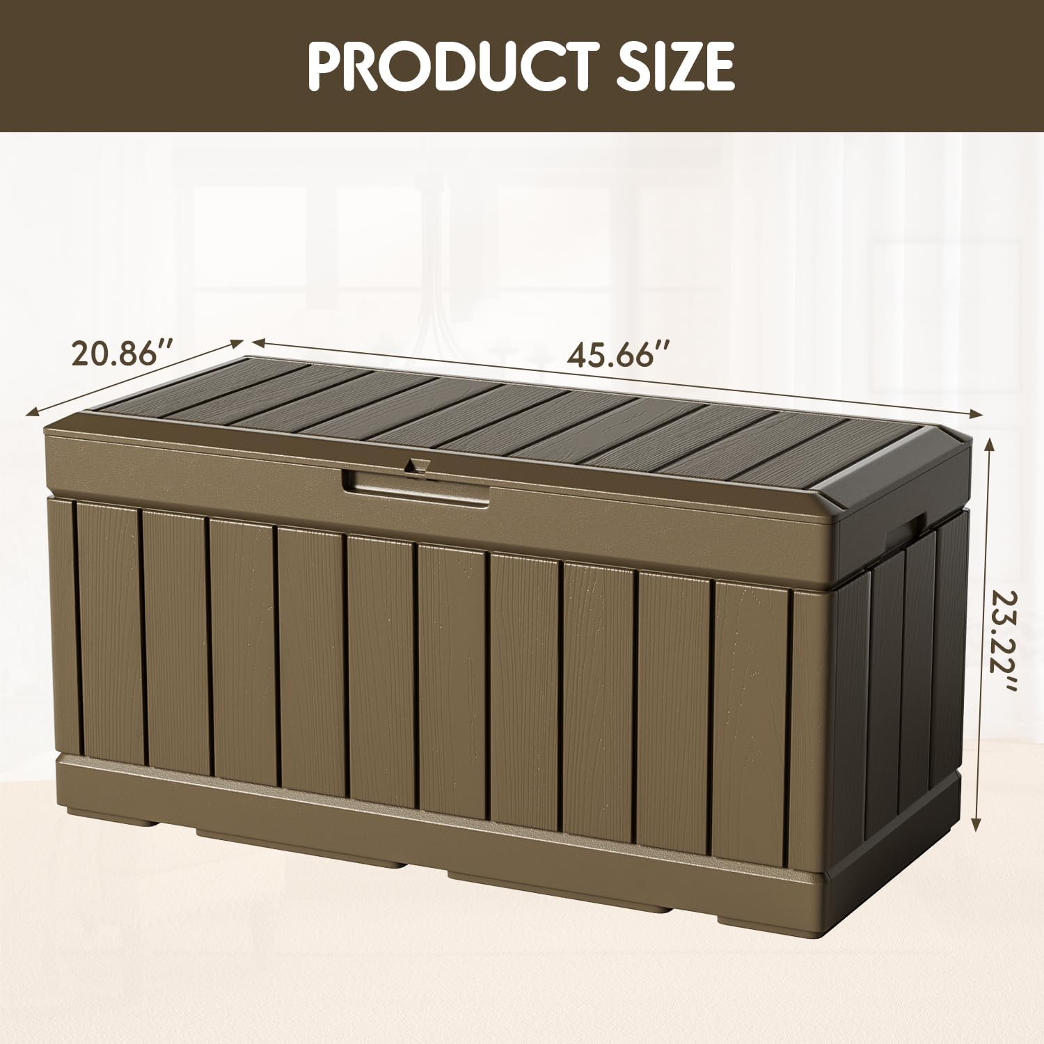 Diagram showing the product dimensions of the YESHOMY Storage Chest: 45.66 inches length, 20.86 inches width, and 23.22 inches height.
