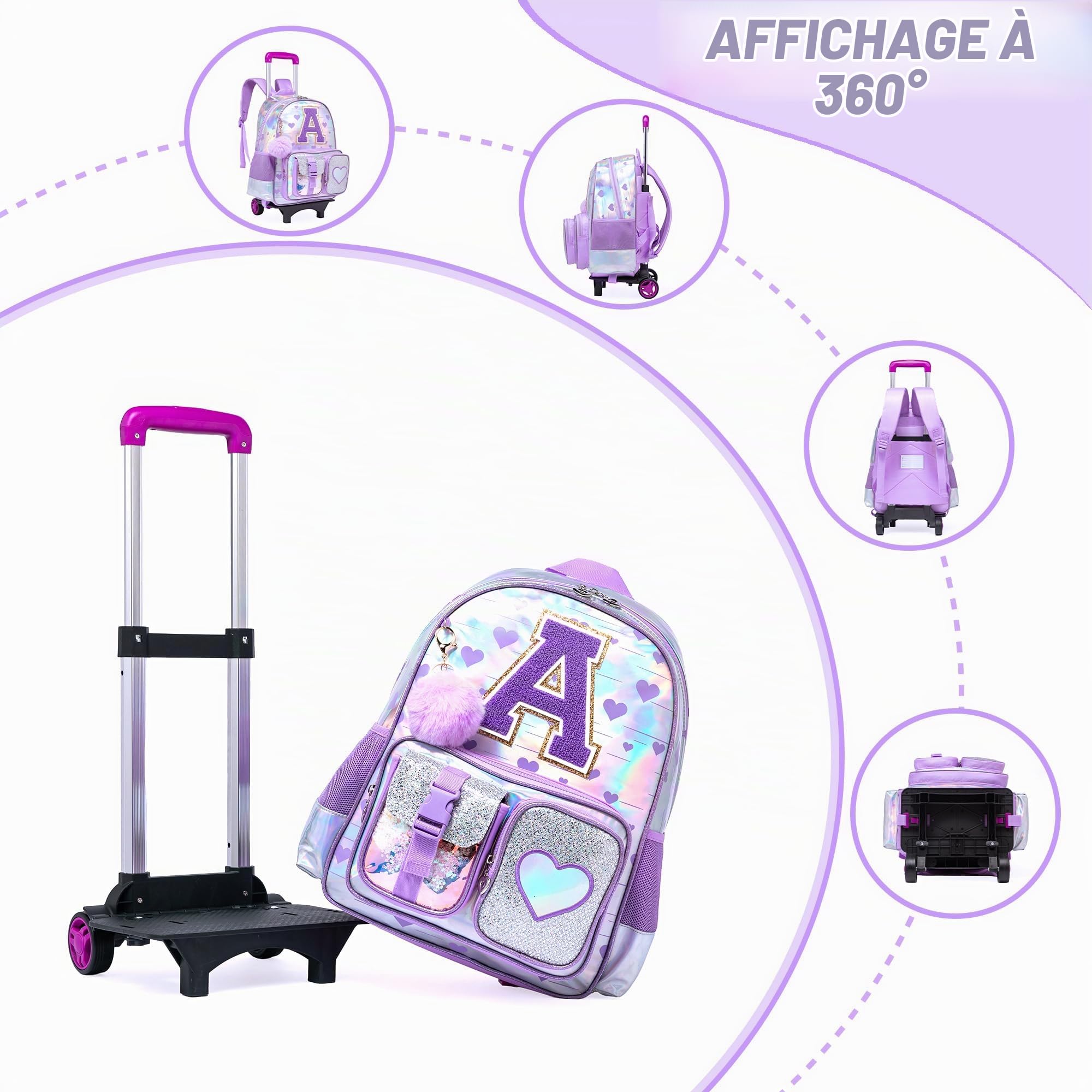 HTgroce Cartable a Roulette Fille cm1,ce2, Cartable Fille Primaire CE1 Sac a Dos Roulette
