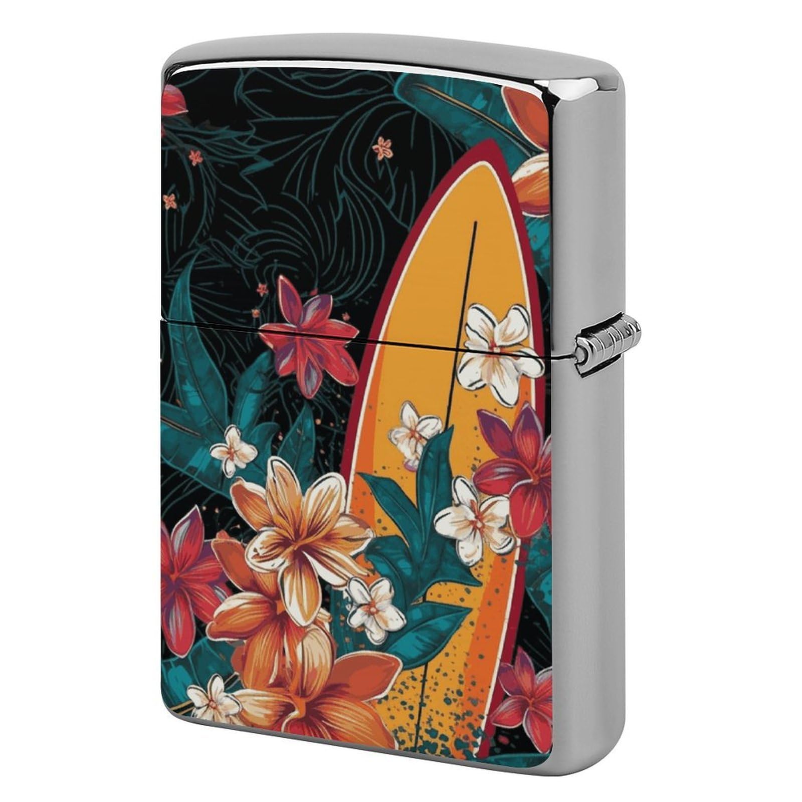 Surfboard and Flowers Lighter Case Cover Vintage Metal Lighter Sleeve Reusable Lighter Protective Cover Decorative Lighter Holder Birthday Gifts for Men Women