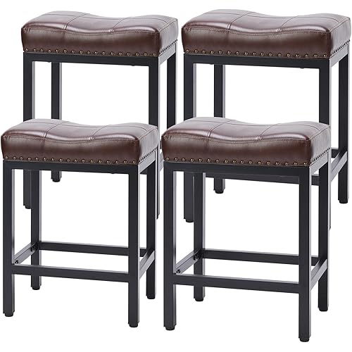 Sweetcrispy Bar Stools Set of 4, Counter Height 24 inch Saddle Stools, Modern PU Leather Barstools with Metal Base and Footrest, Upholstered Bar Chair for Kitchen Island, Brown