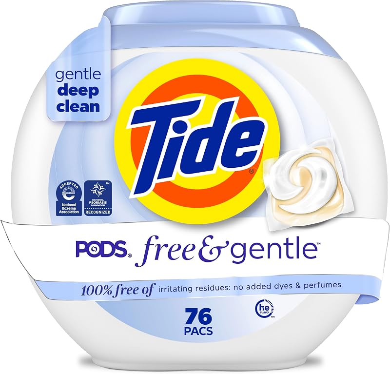 Detergente para ropa Tide PODS Free & Gentle, 76 unidades, cápsulas de detergente para ropa suave y confiable, 100 % libre de residuos irritantes: sin colorantes ni perfumes añadidos