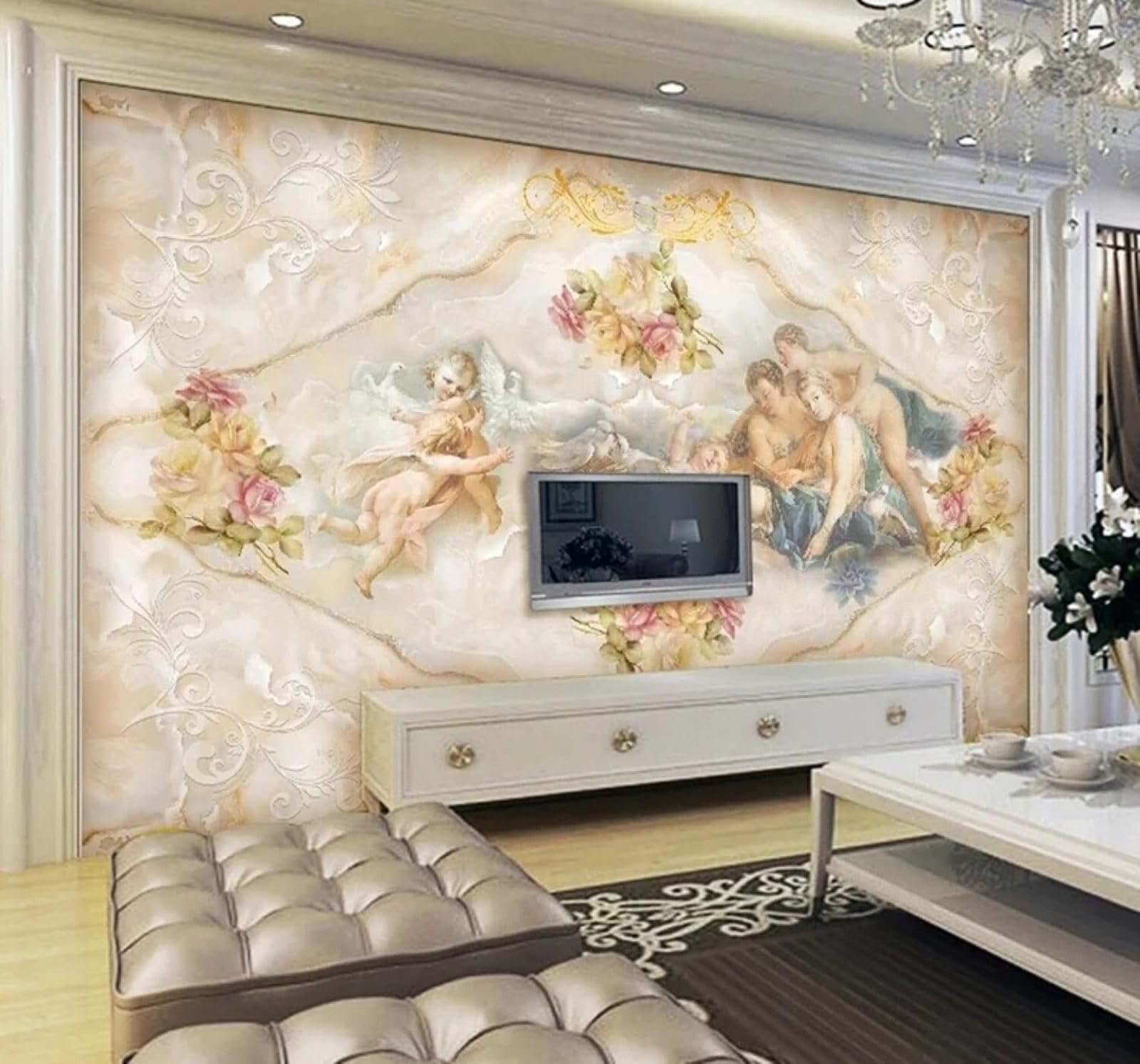 XLMING Vintage Exquisite People Flowers Marble Effect 3D Wallpaper Luxury Silk Study Dining Feature Sofa Grey Bedroom Living Room Tv Decorative Wall-250cm×170cm