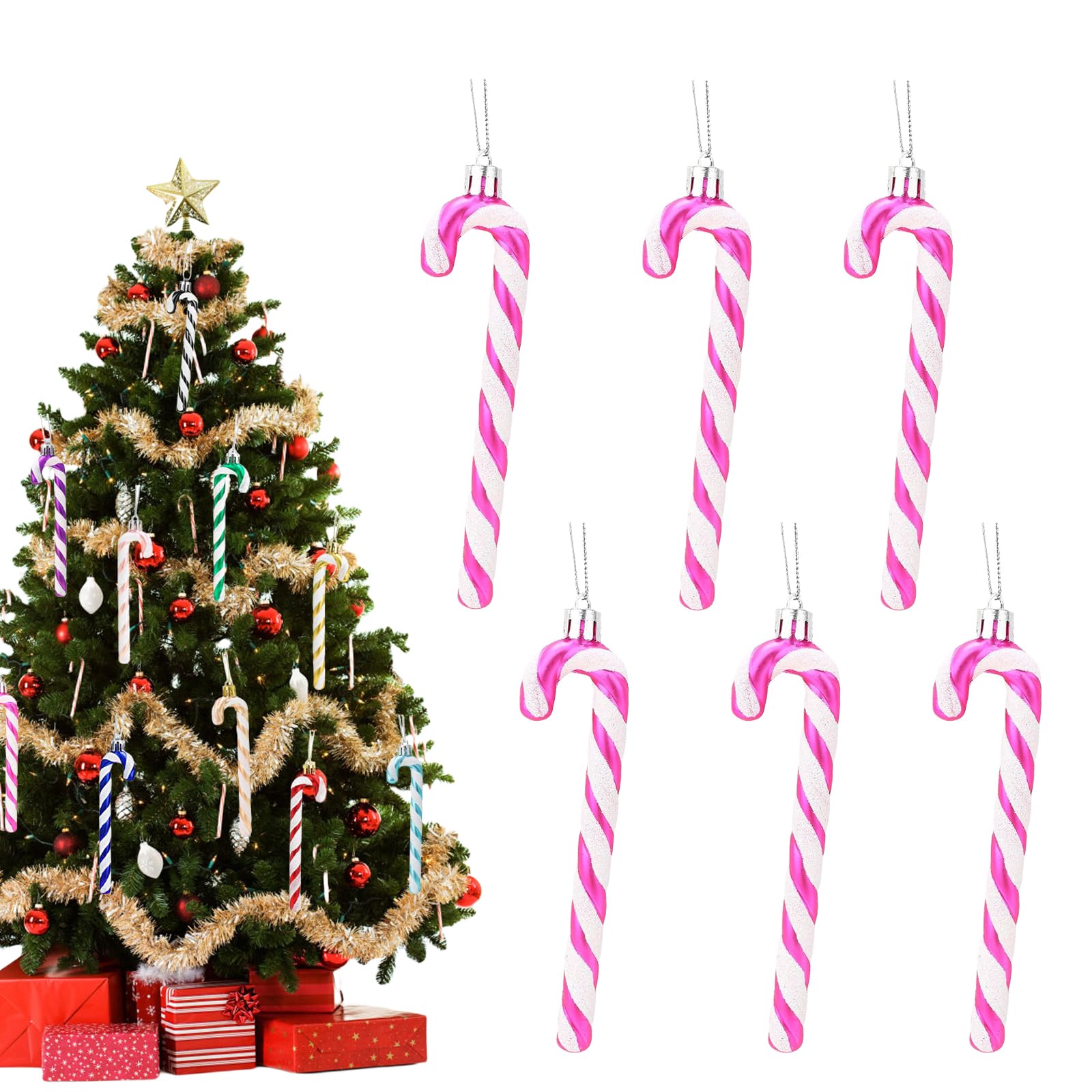 13cm Hot Pink White Candy Cane Christmas Decoration, 6pcs Glitter Candy Cane Xmas Tree Ornaments for Holiday Decor