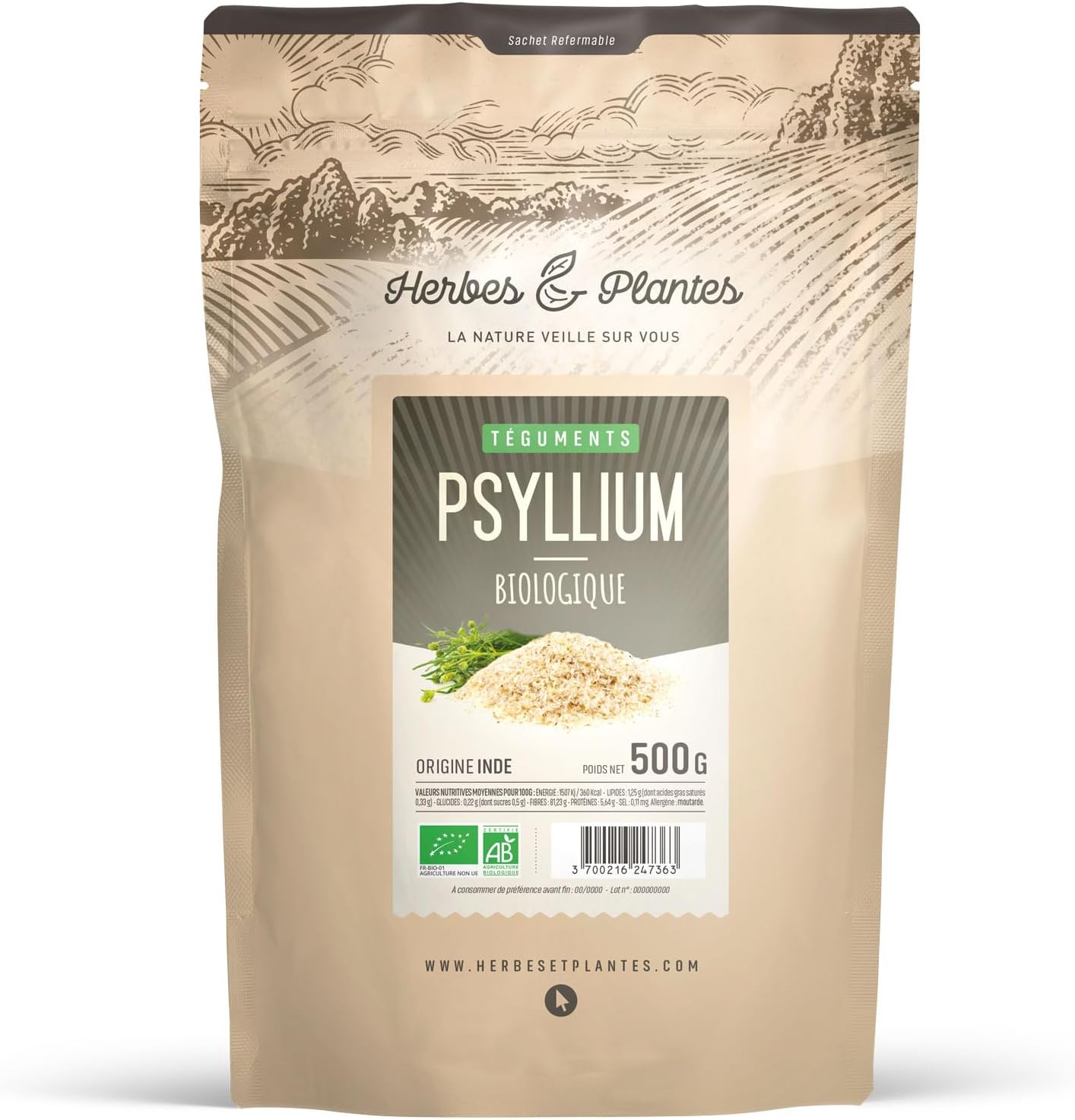 Psyllium blond bio, téguments 99 % purs (500 g)