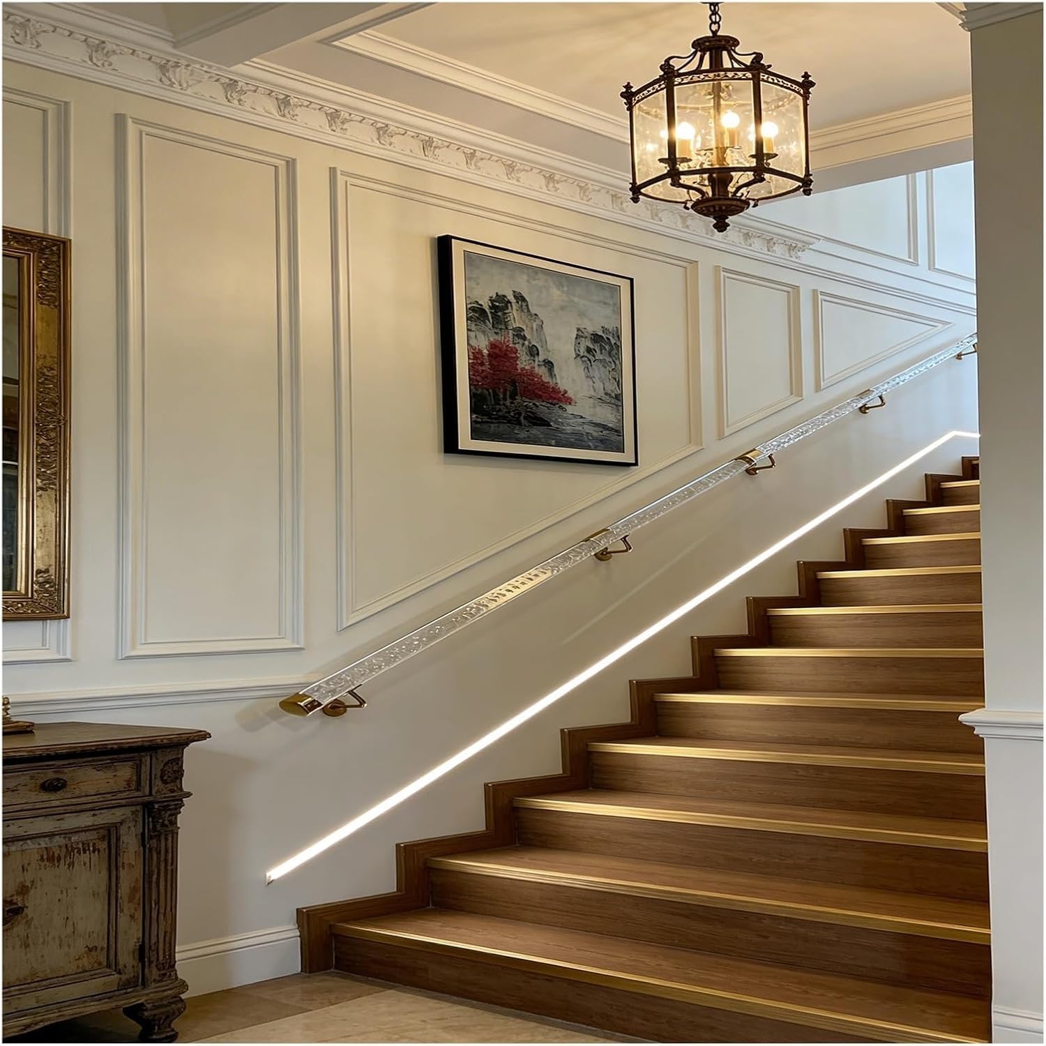 Indoor Stair Handrail Wall-Mounted Transparent Hand Rails Stair Railings with Bubble, Staircase Handrail Kit with End Caps & Brackets(Gold,60cm/2ft/23.6in)