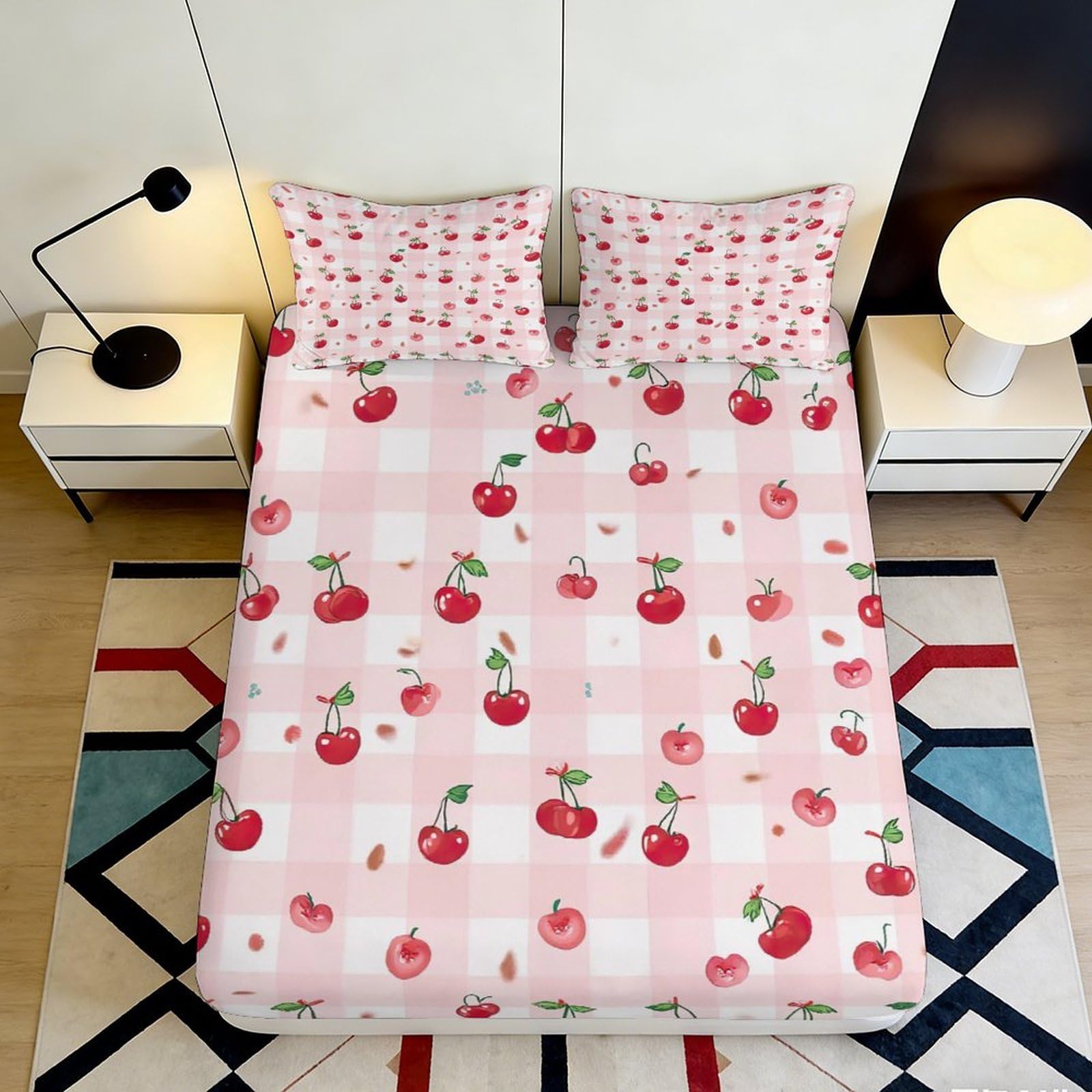 Uynsixtme Style-1 3D Printed Cherry Pattern Fitted Sheet Microfiber Deep Pocket Bedroom Bedding Cherry Mattress Fitted Cover Elastic Hem Wrap Washable 140X200x25cm