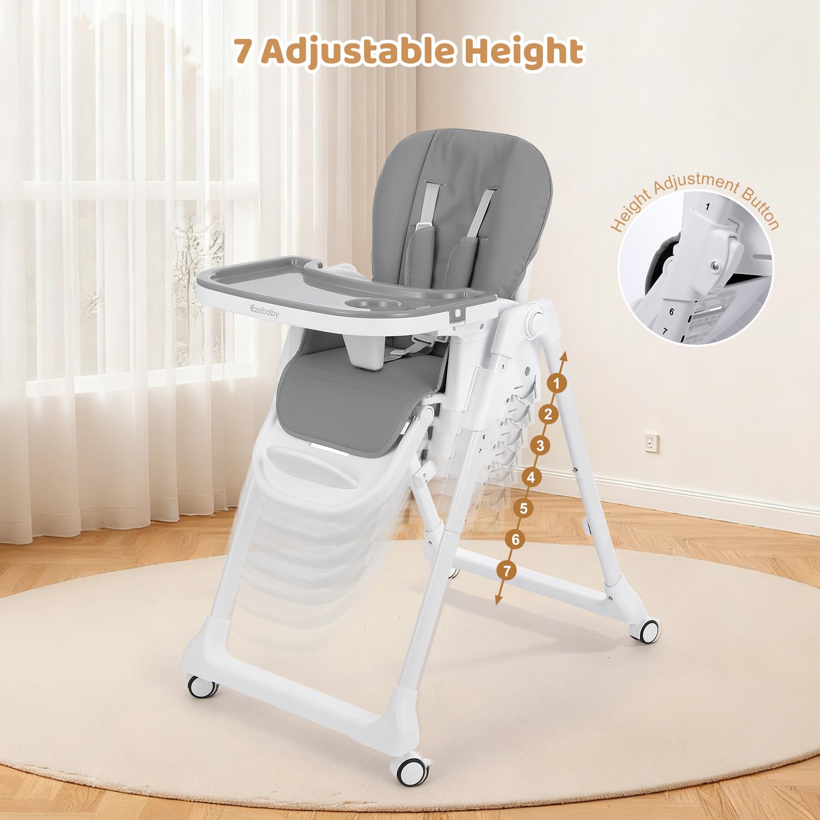 Chaise Haute Bébé Pliable avec Arche de Jeux, Réglable en Hauteur, Siège PU, Roues et Double Plateau, Convertible en Rehausseur