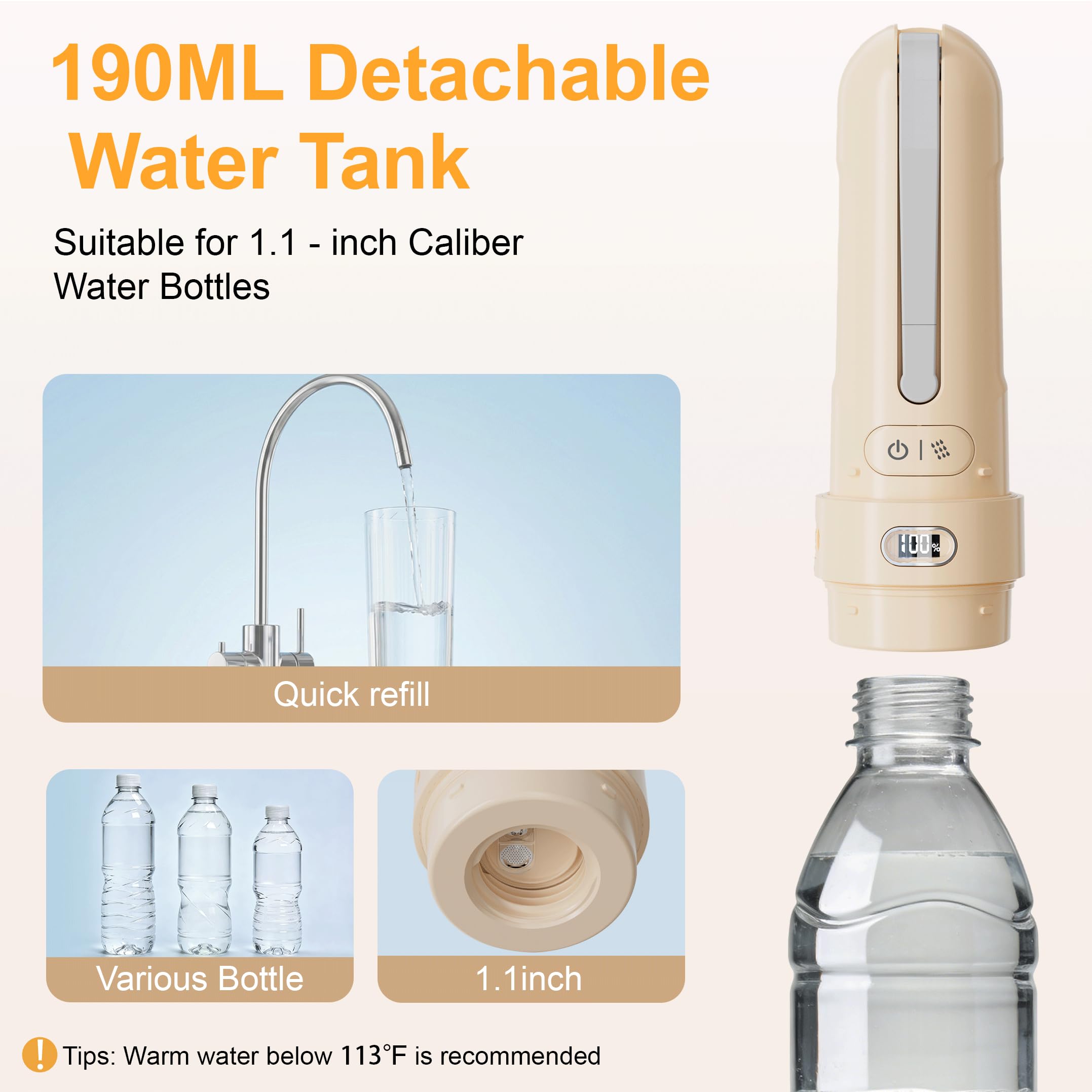 Bidet elettrico portatile per post-partum e donne, spruzzatore portatile silenzioso con 3 modalità di pressione, 1600 mAh ricaricabile USB-C, impermeabile IPX7 (arancione chiaro)