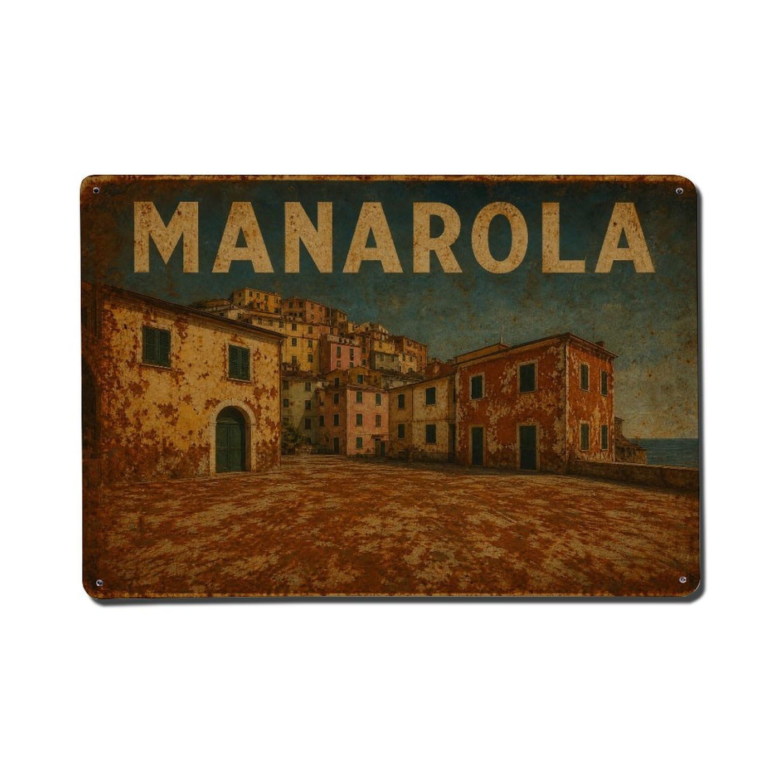 Vintage Travel Manarola Village Square Piazza Scene Italy Metal Tin Sign