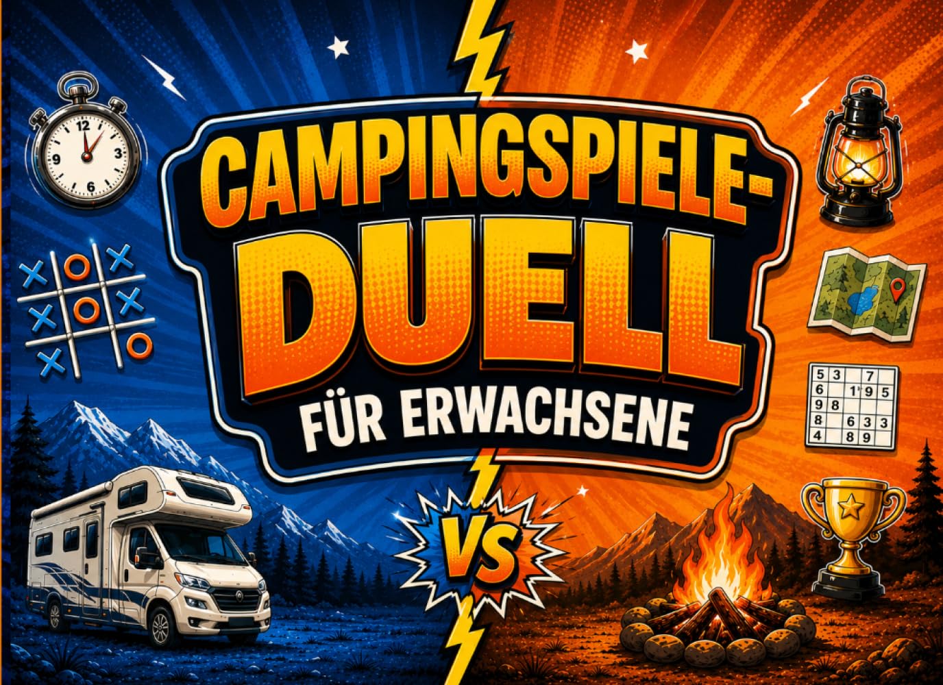 Campingspiele-Duell für Erwachsene: 1-gegen-1-Rätselspiele mit Stift und Papier für entspannte Pausen auf dem Campingplatz, im Wohnmobil, unterwegs und an Regentagen.